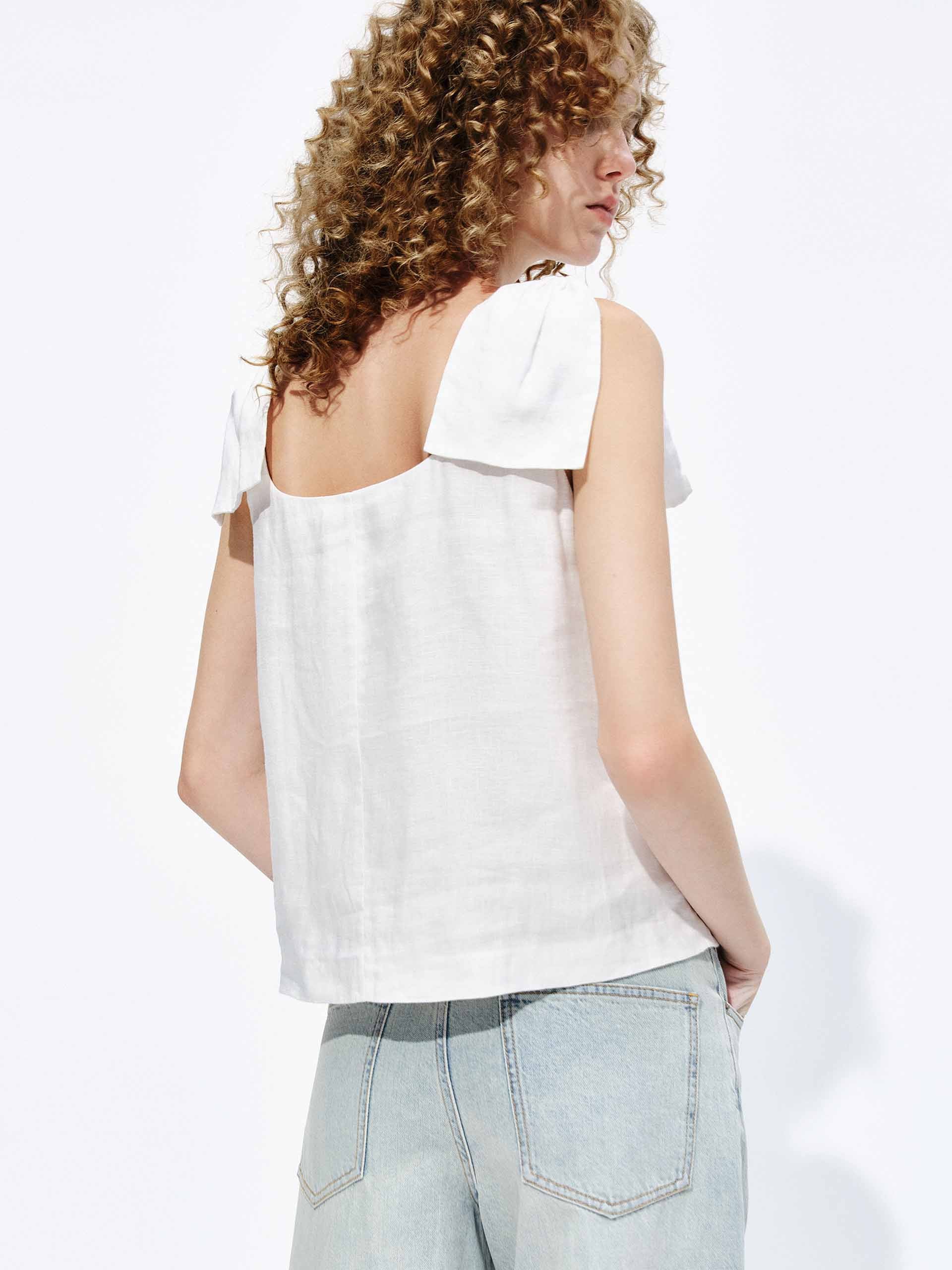 Bow Strap Linen Blouse - Image 3