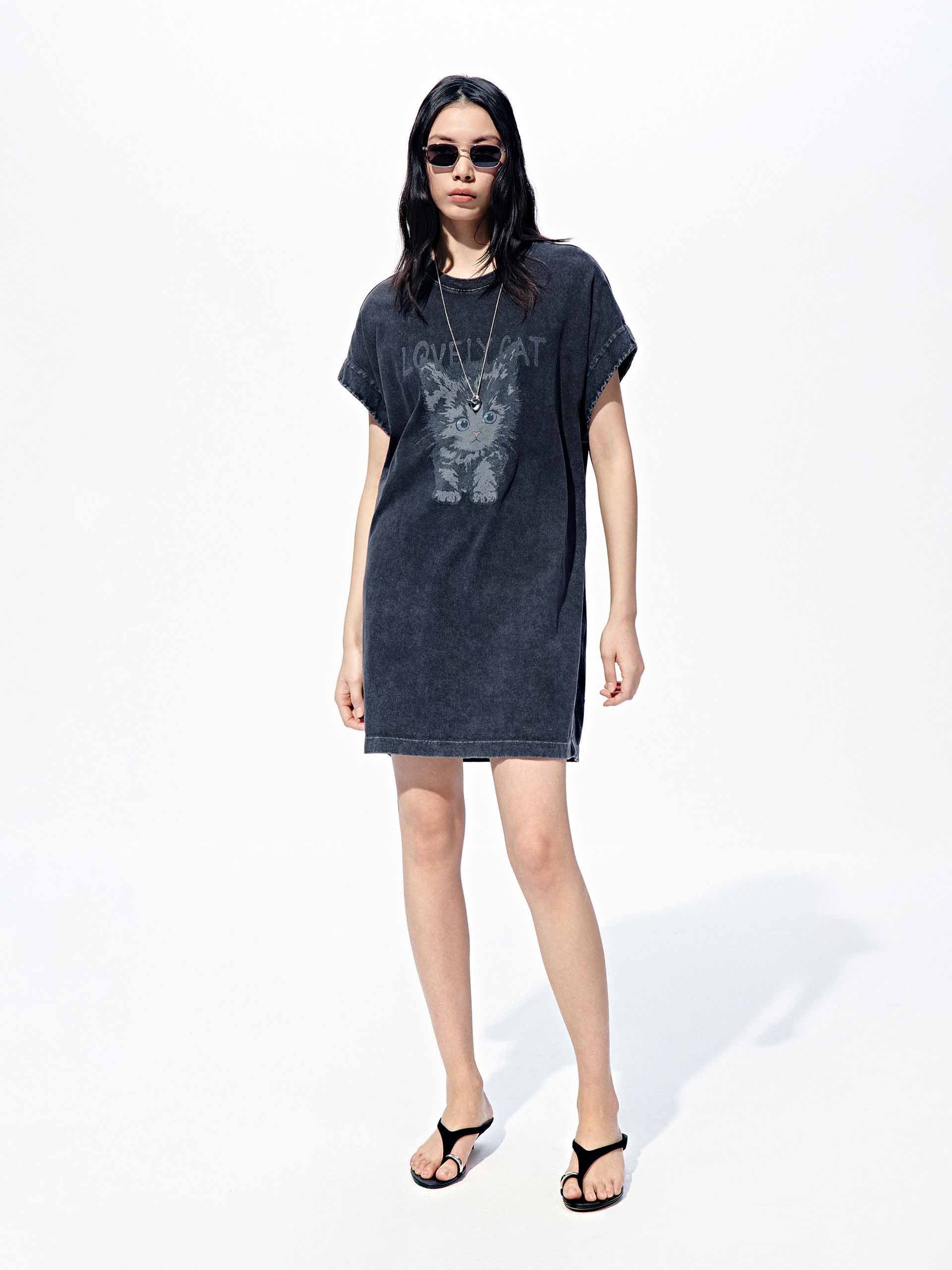 Cat Print Cotton Mini Dress - Image 2