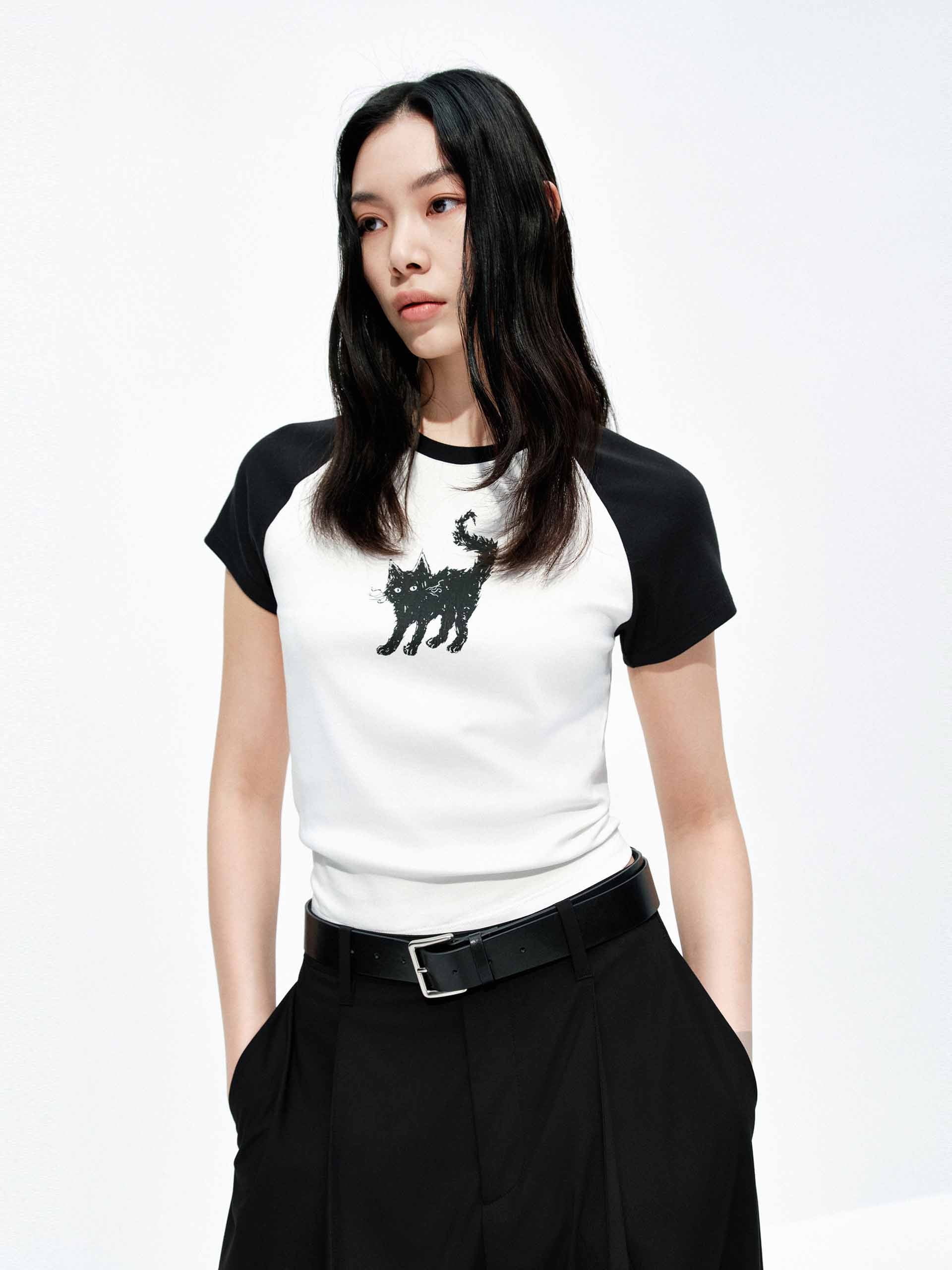 Cat Print Raglan Sleeve T-Shirt