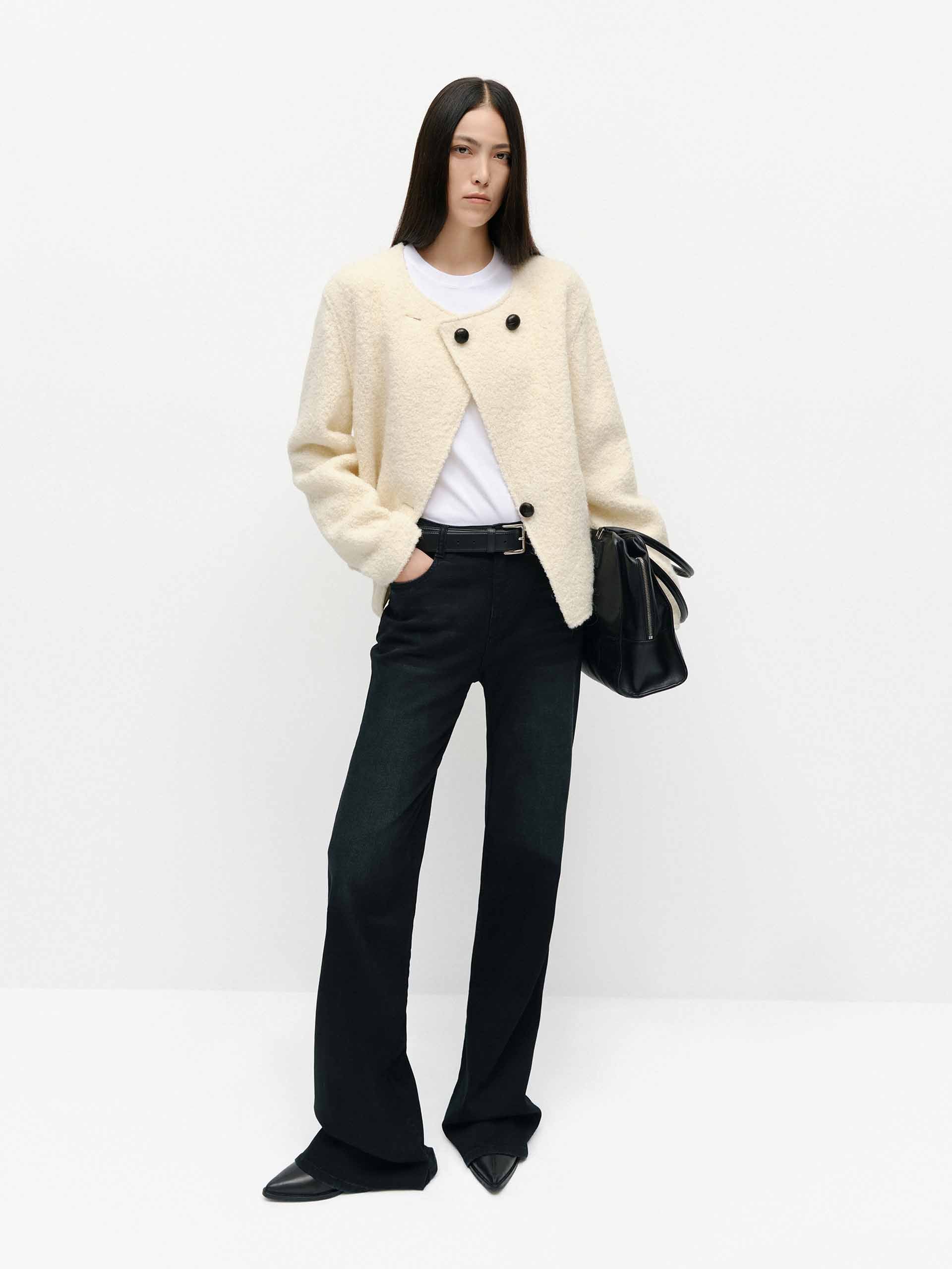 Collarless Boucle Knit Coat - Image 2
