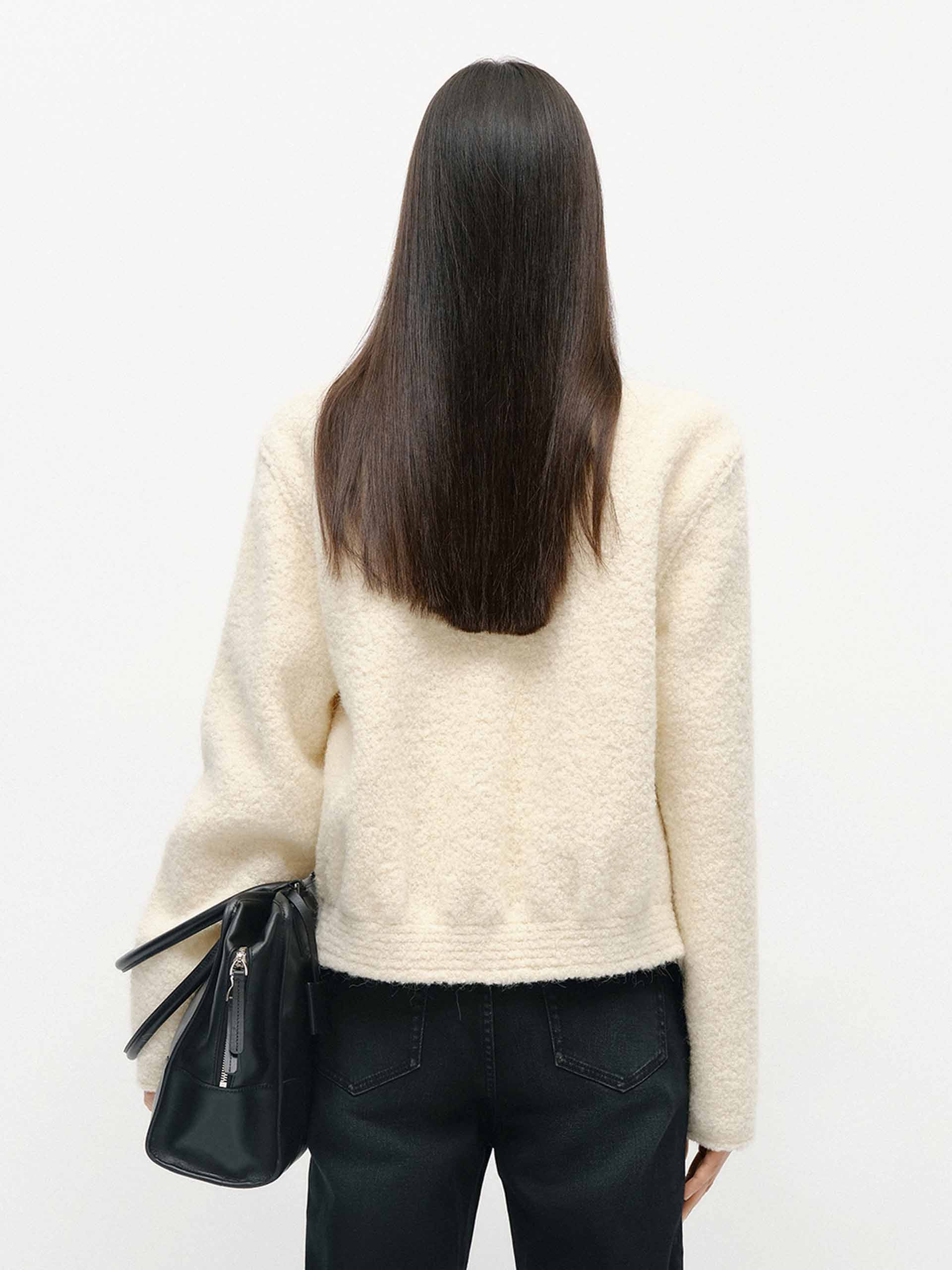 Collarless Boucle Knit Coat - Image 3