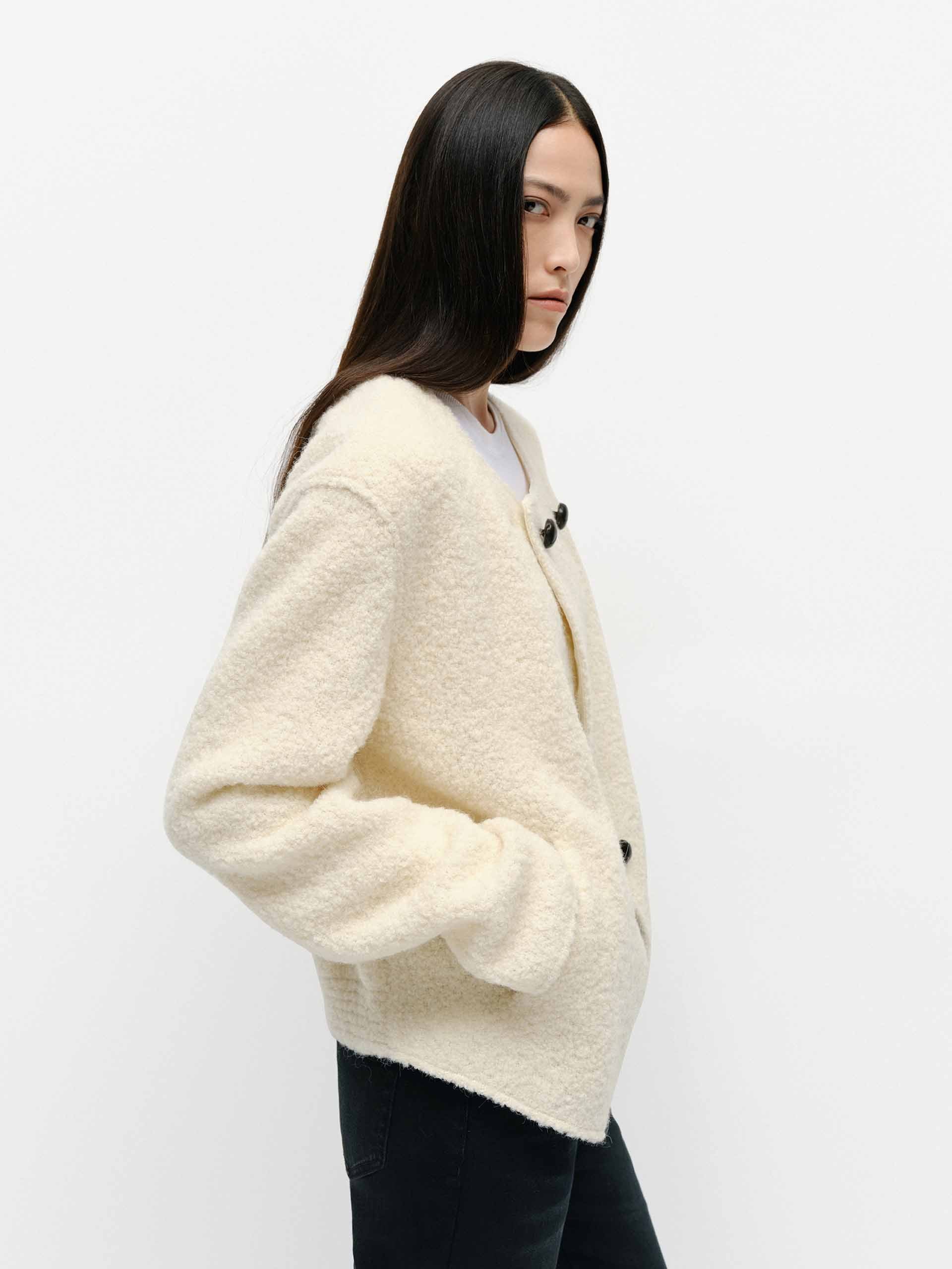 Collarless Boucle Knit Coat - Image 8