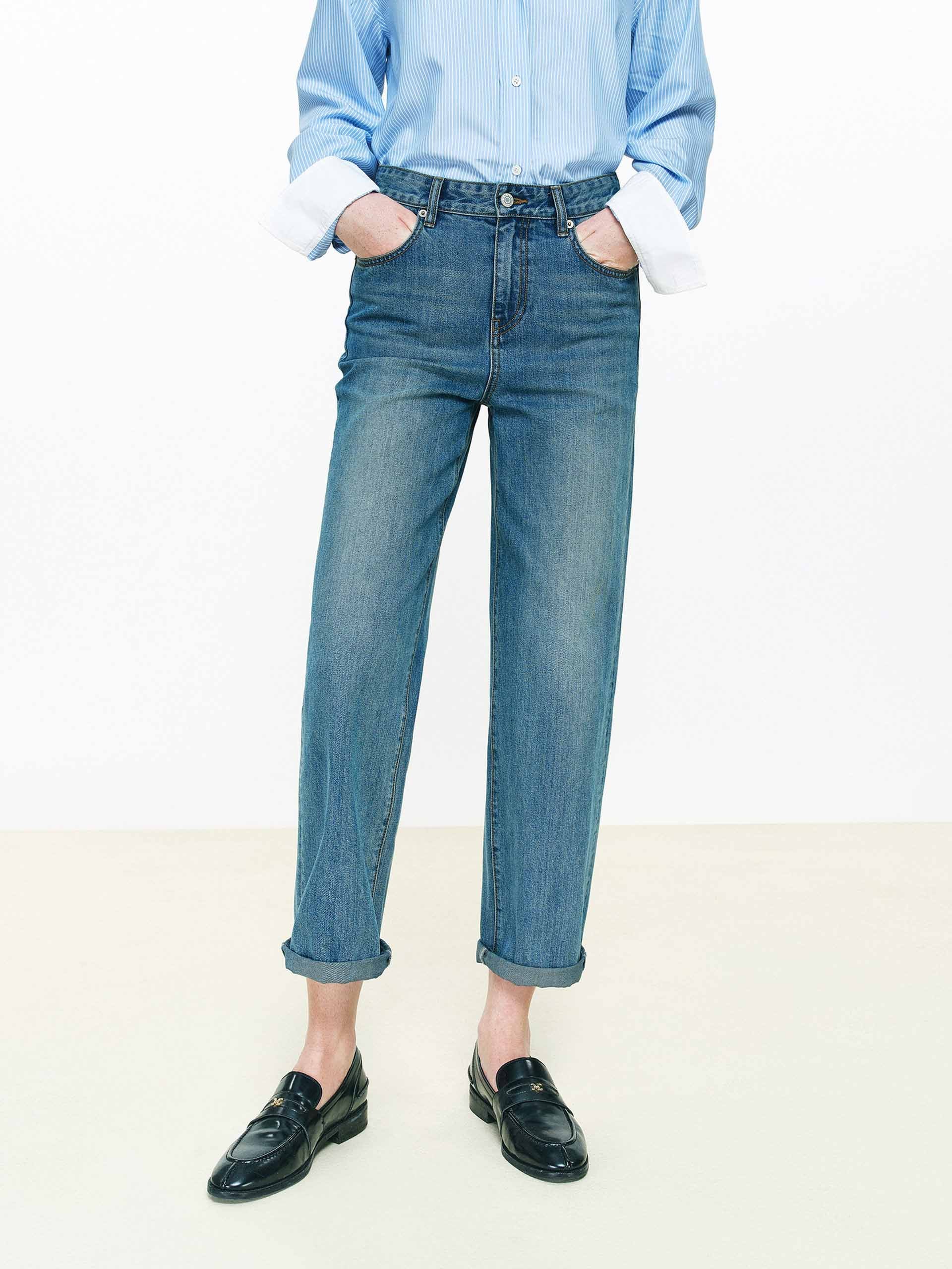 Cotton Blend Ankle Straight Jeans