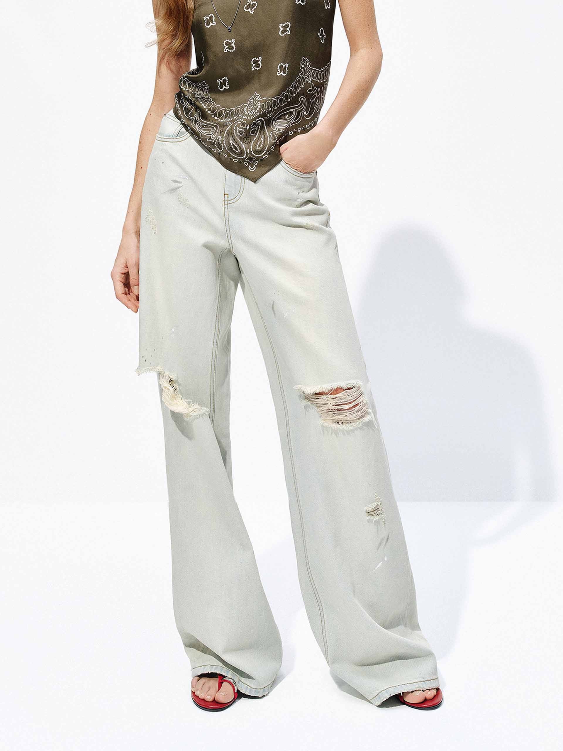 Cotton Hemp Wide Ripped Jeans