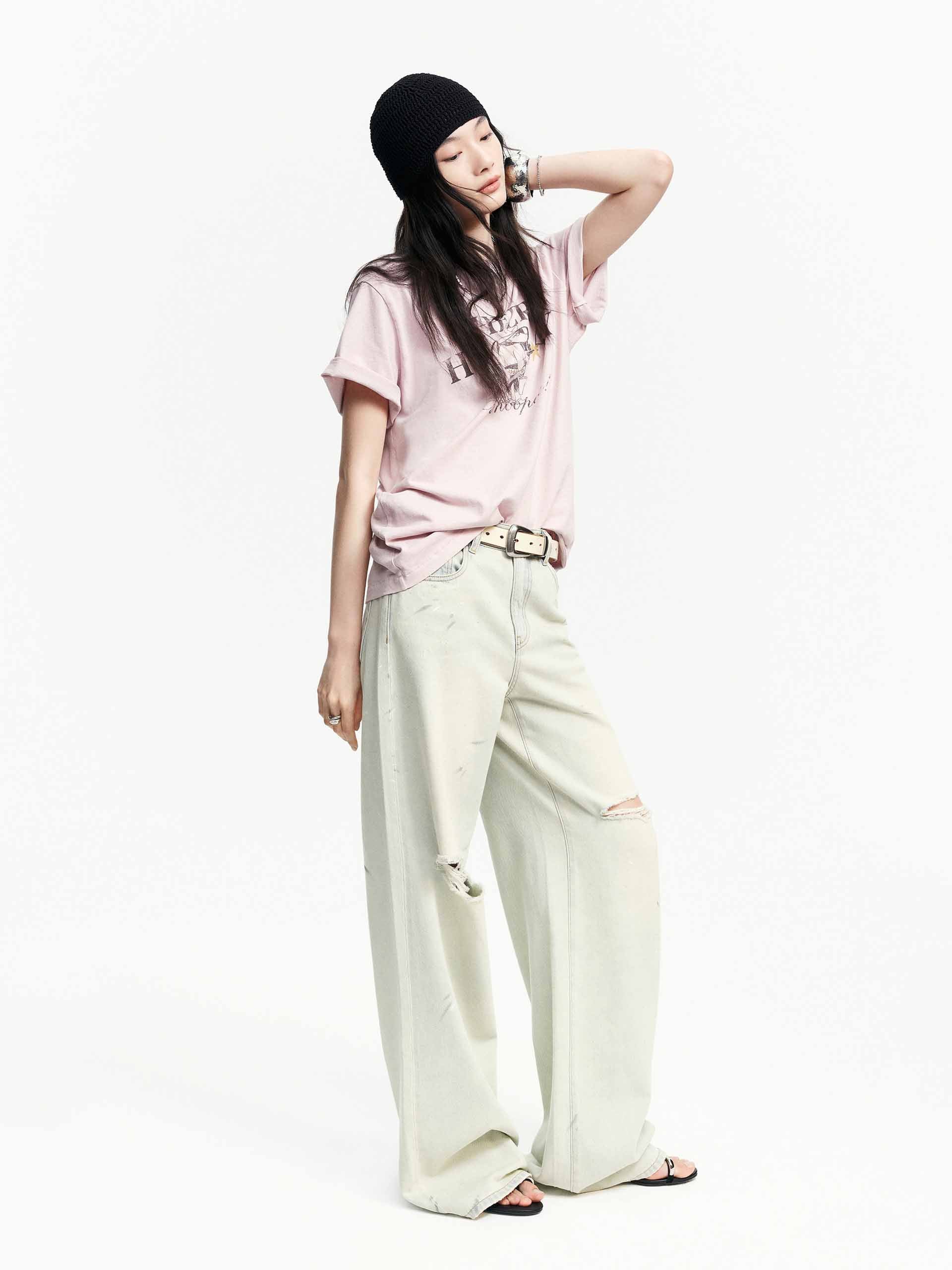Cotton Ripped Wide Jeans - Image 2