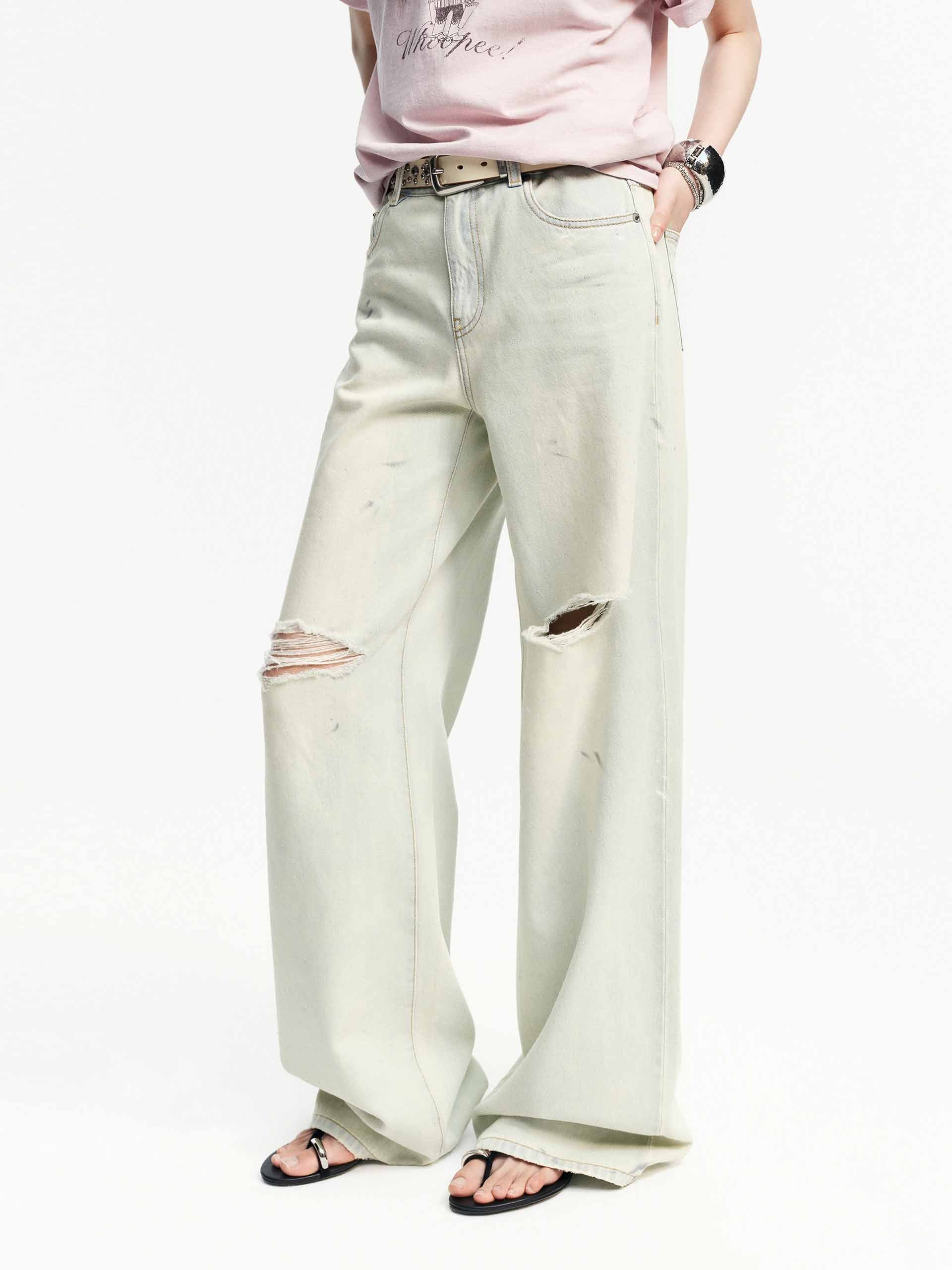 Cotton Ripped Wide Jeans - Image 3