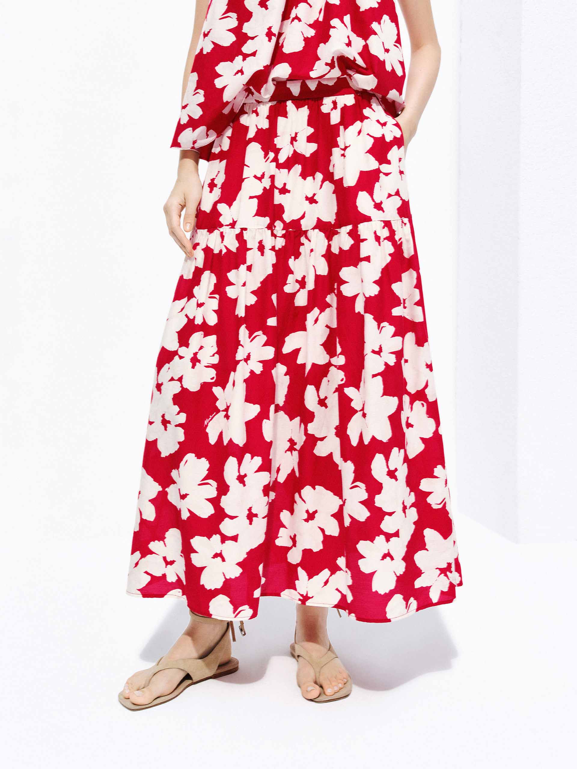 Cotton Silk Floral Midi Skirt