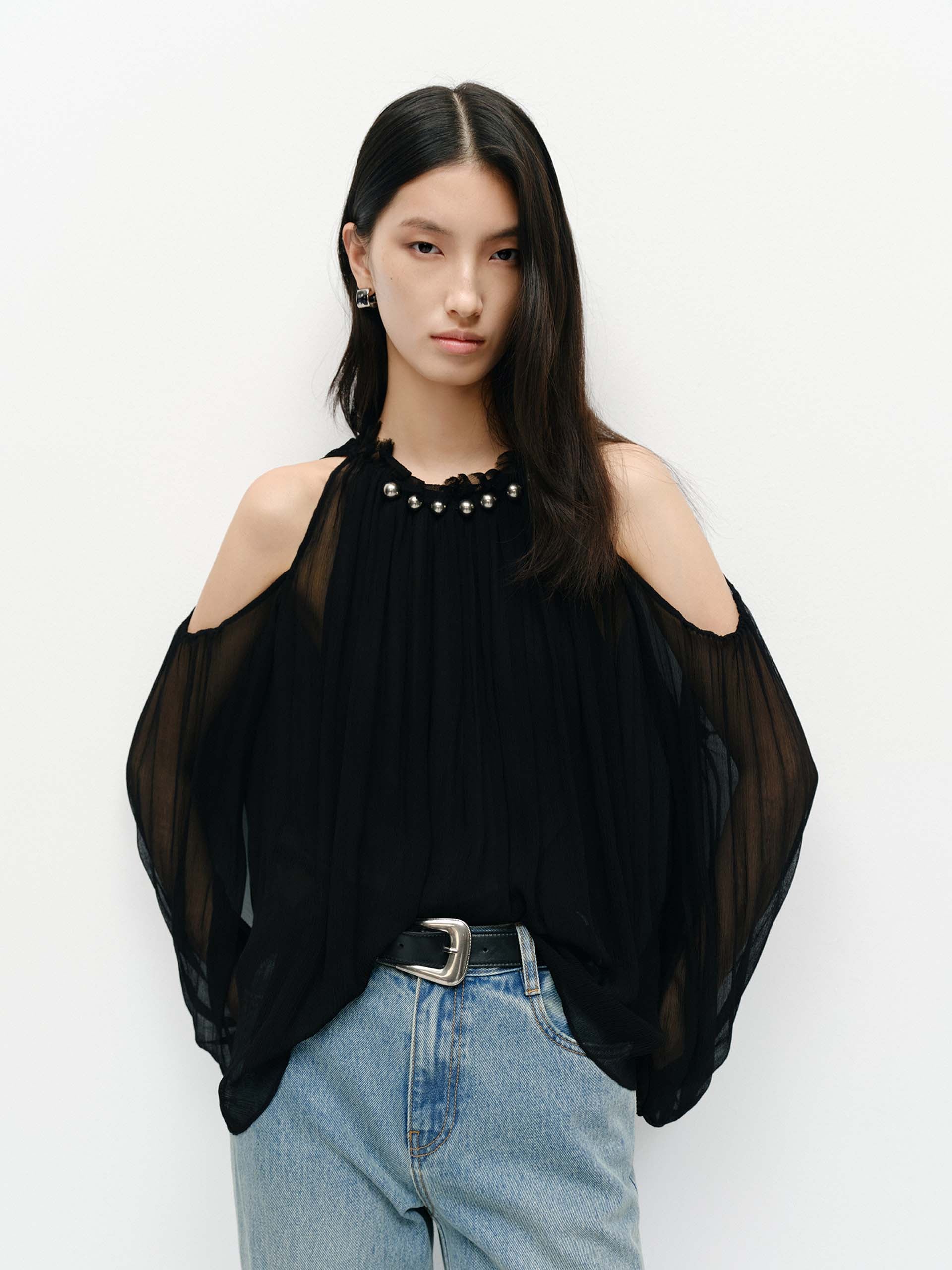 Cut Shoulder Chiffon Blouse