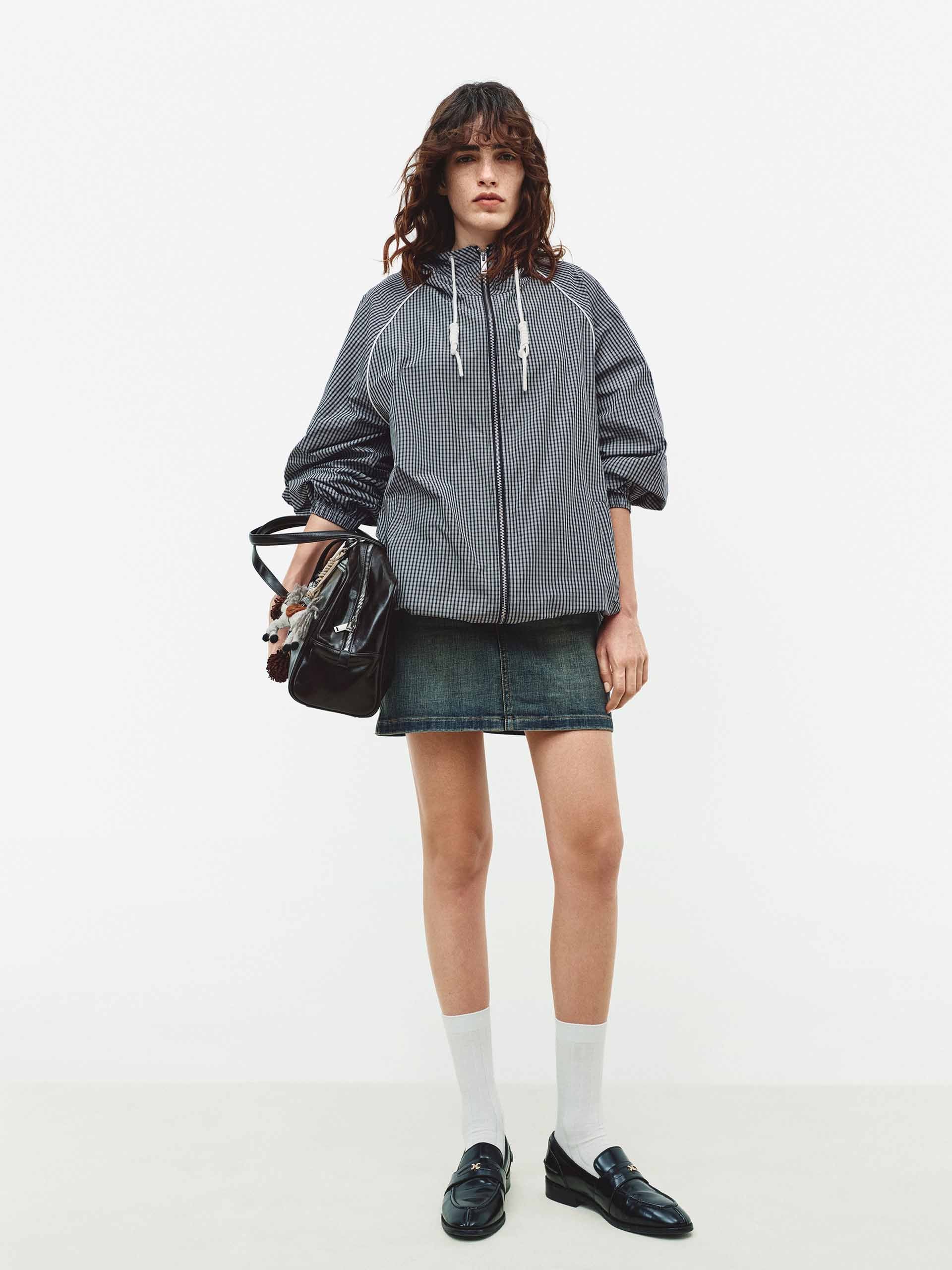 Drawstring Hooded Plaid Jacket - Image 2