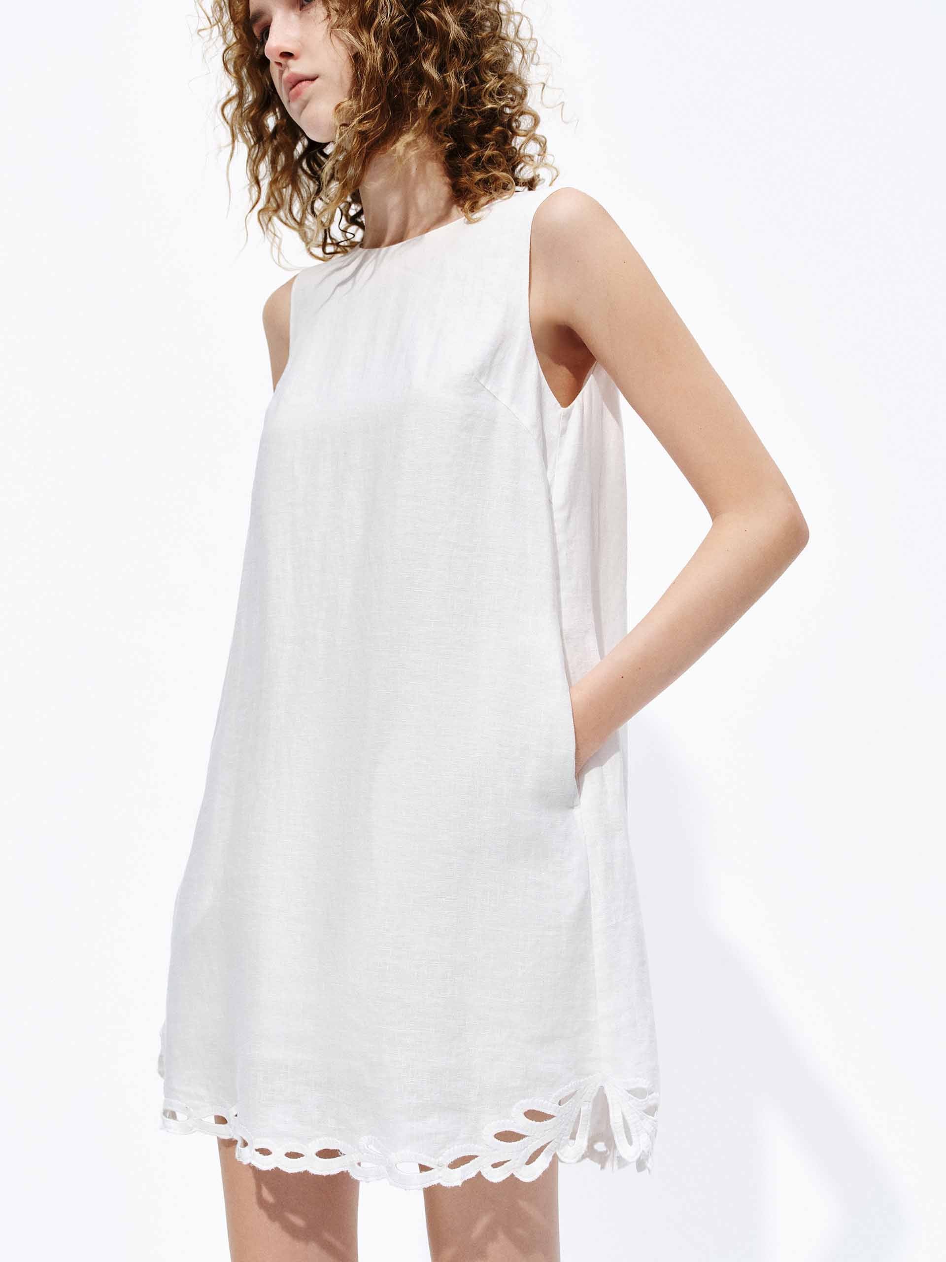 Embroidered Hem Linen Dress - Image 7