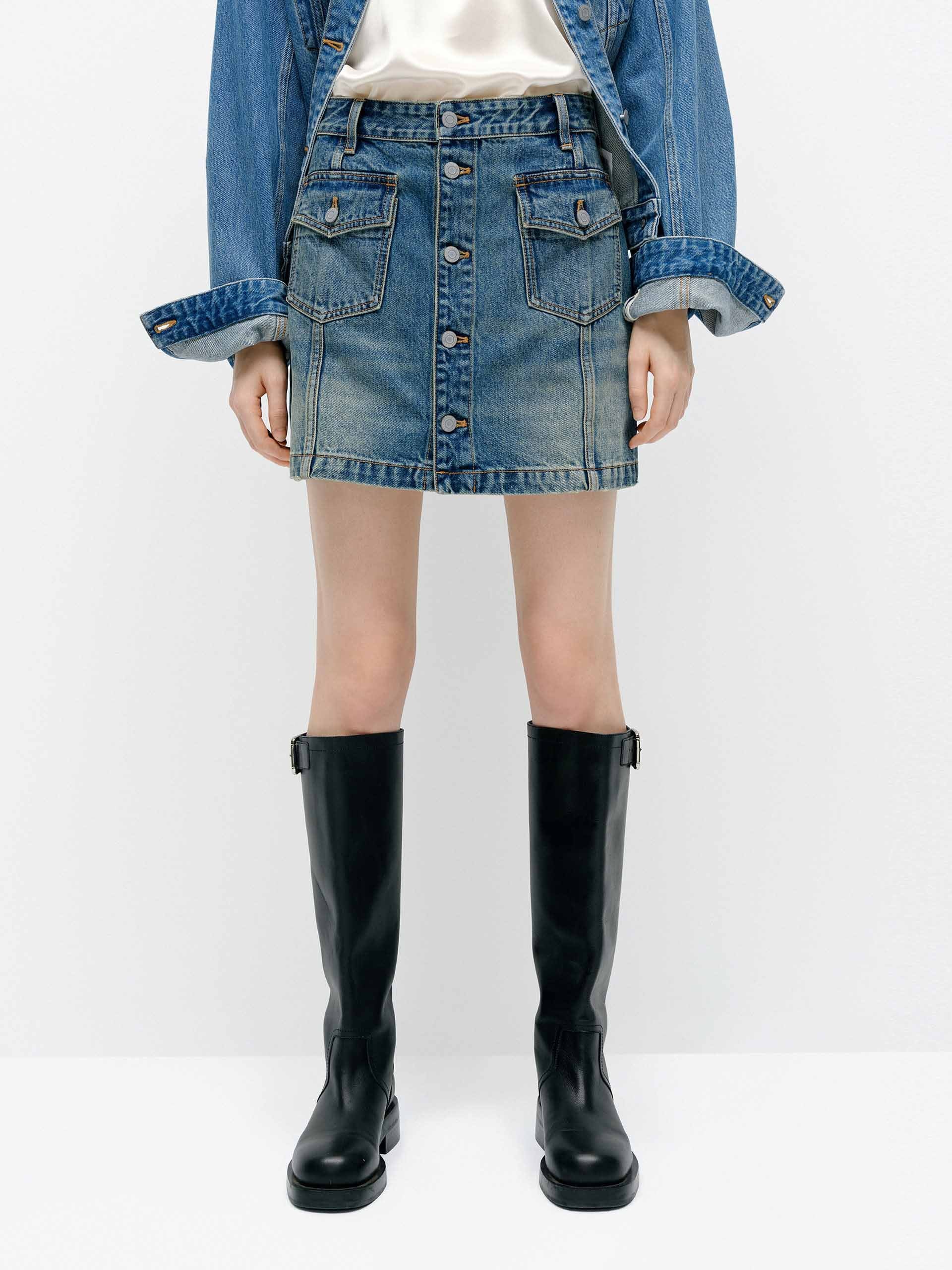 Front Button Denim Skirt