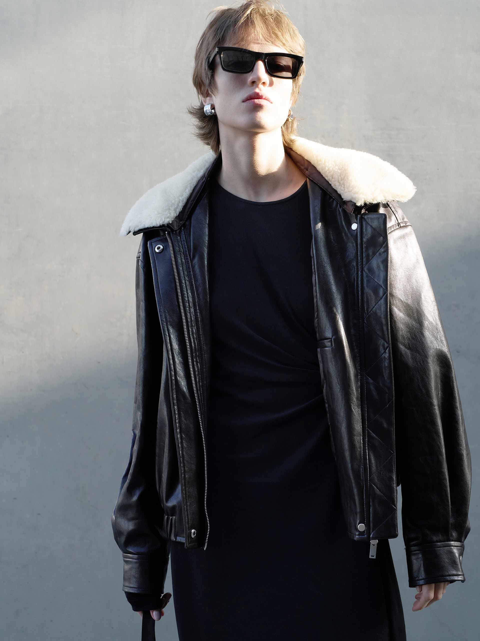 Fur Collar Leather Coat - Image 12