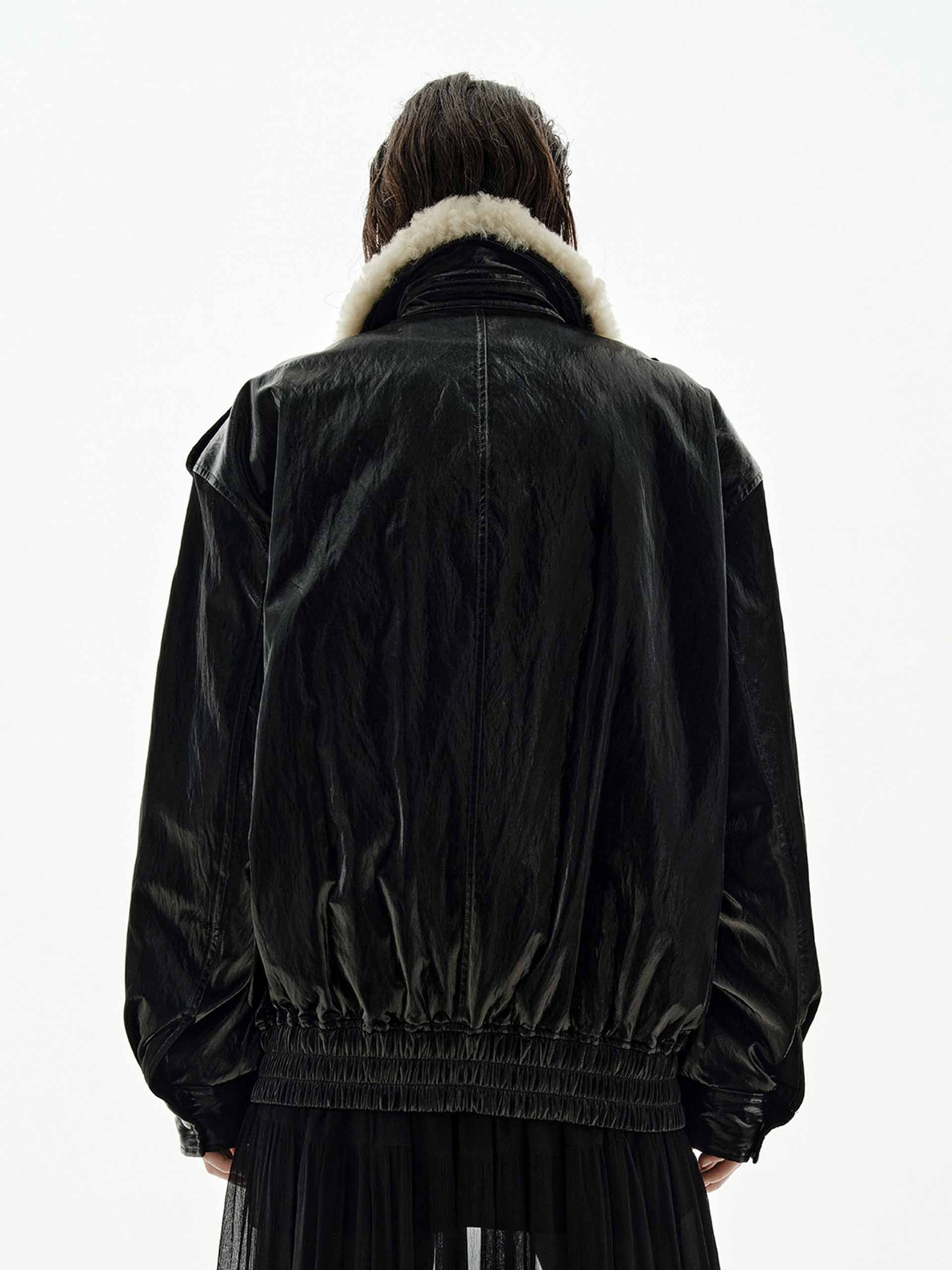 Fur Collar Leather Down Jacket - Image 6