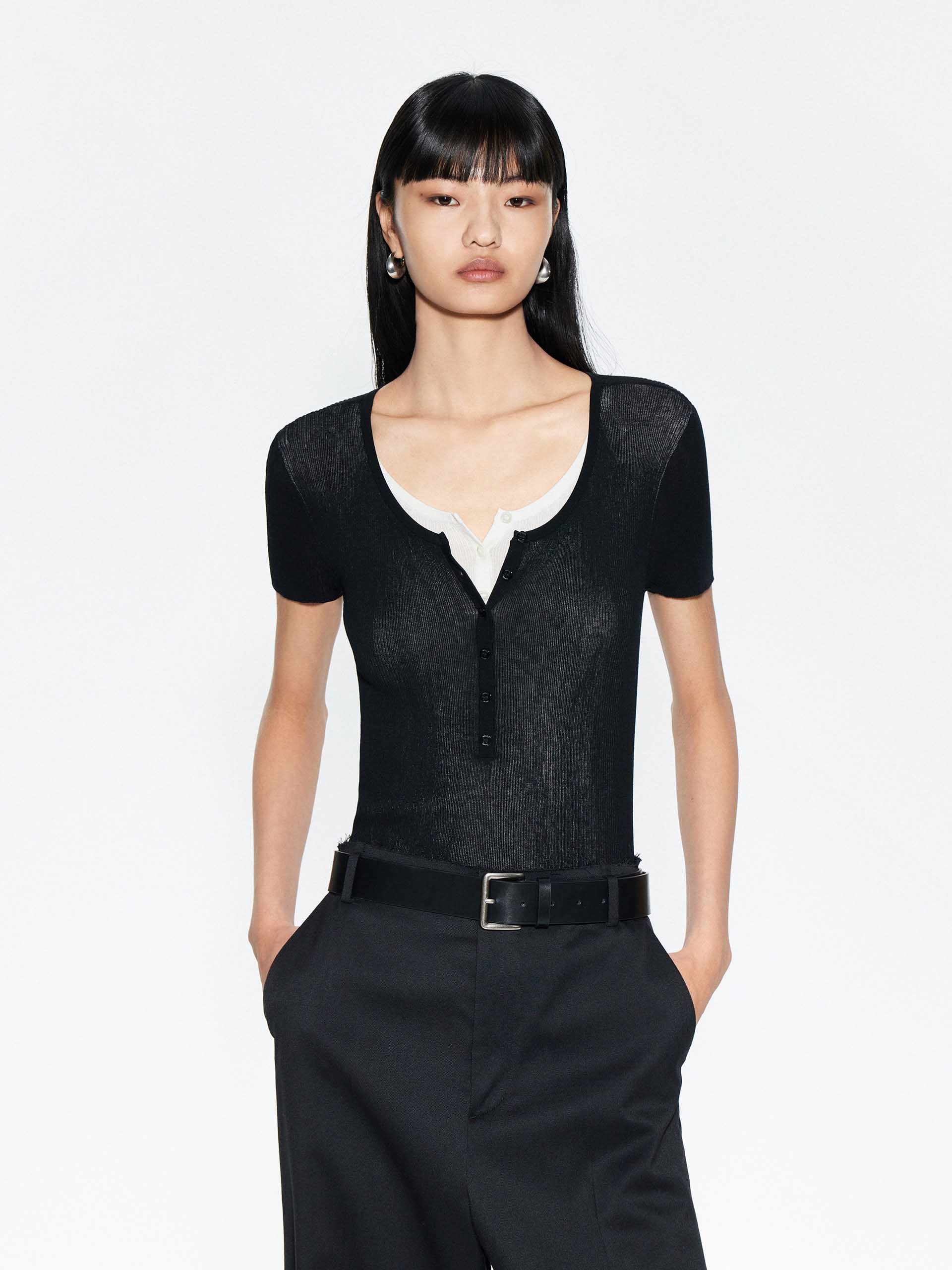 Half Button Contrast Top - Image 9