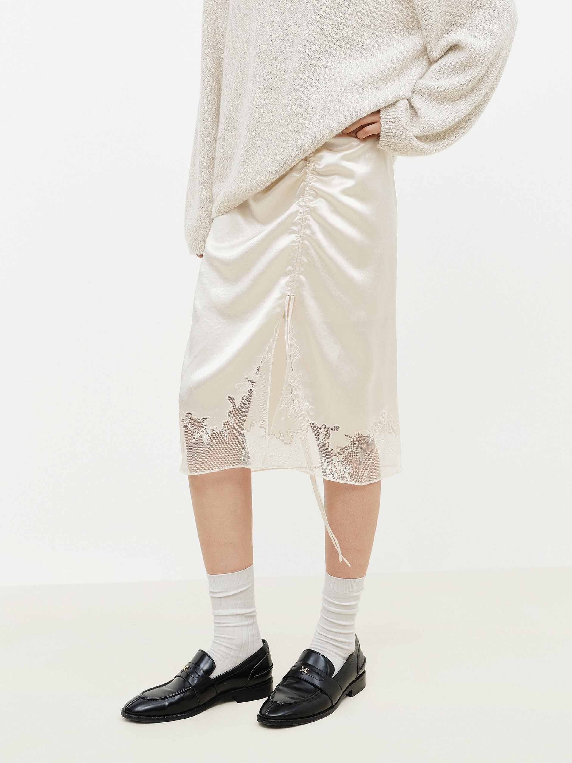 Lace Hem Satin Midi Skirt - Image 3