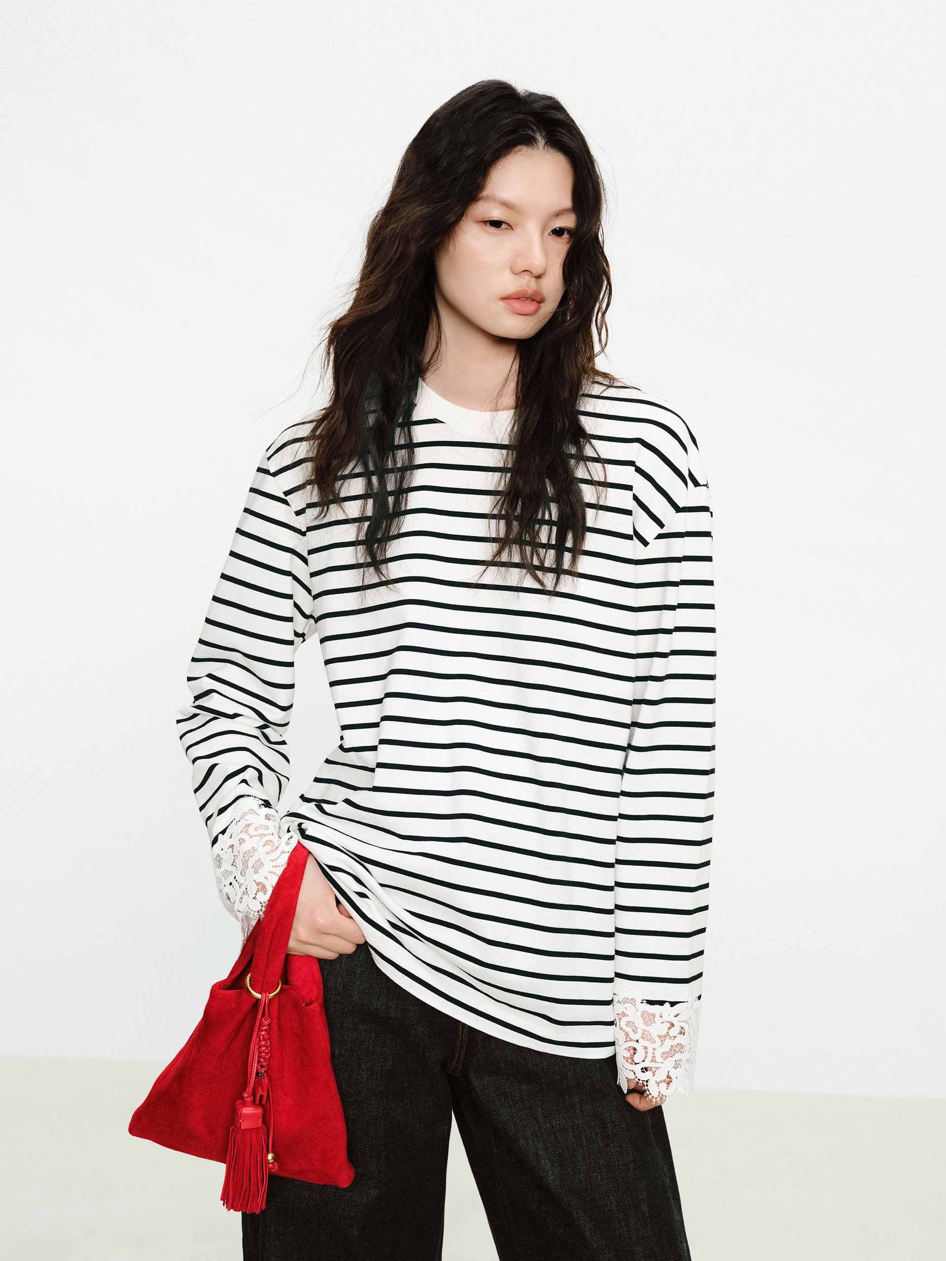 Lace Paneled Striped T-shirt - Image 6
