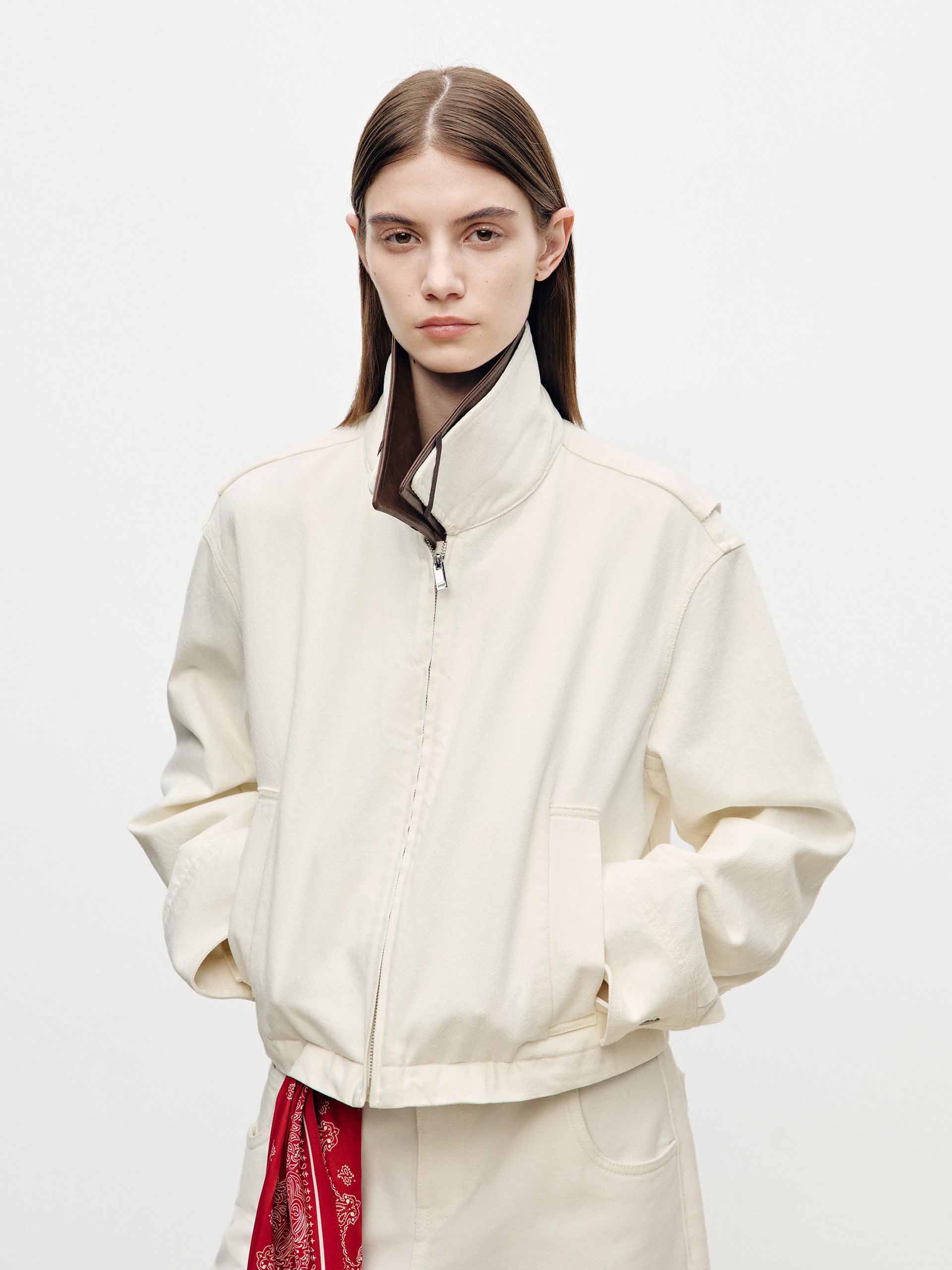 Leather Collar Cropped Coat