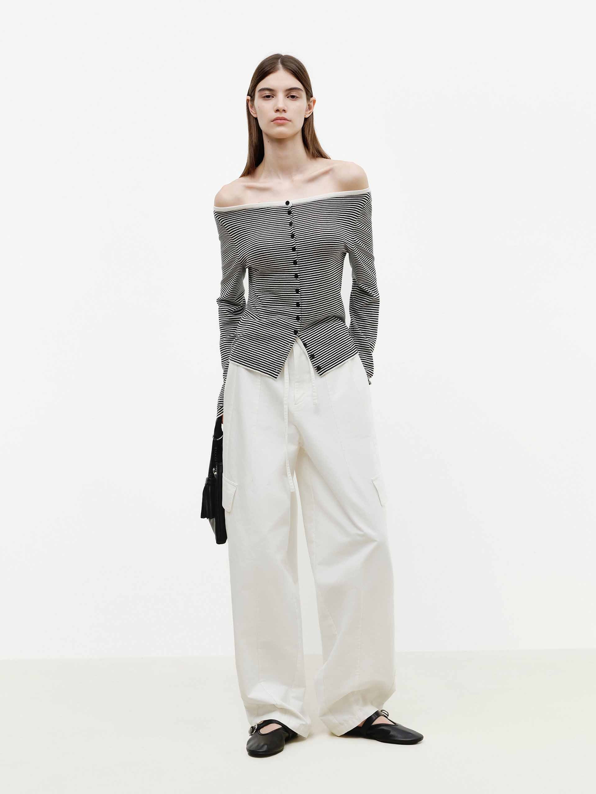 Off Shoulder Button Knit Top - Image 10