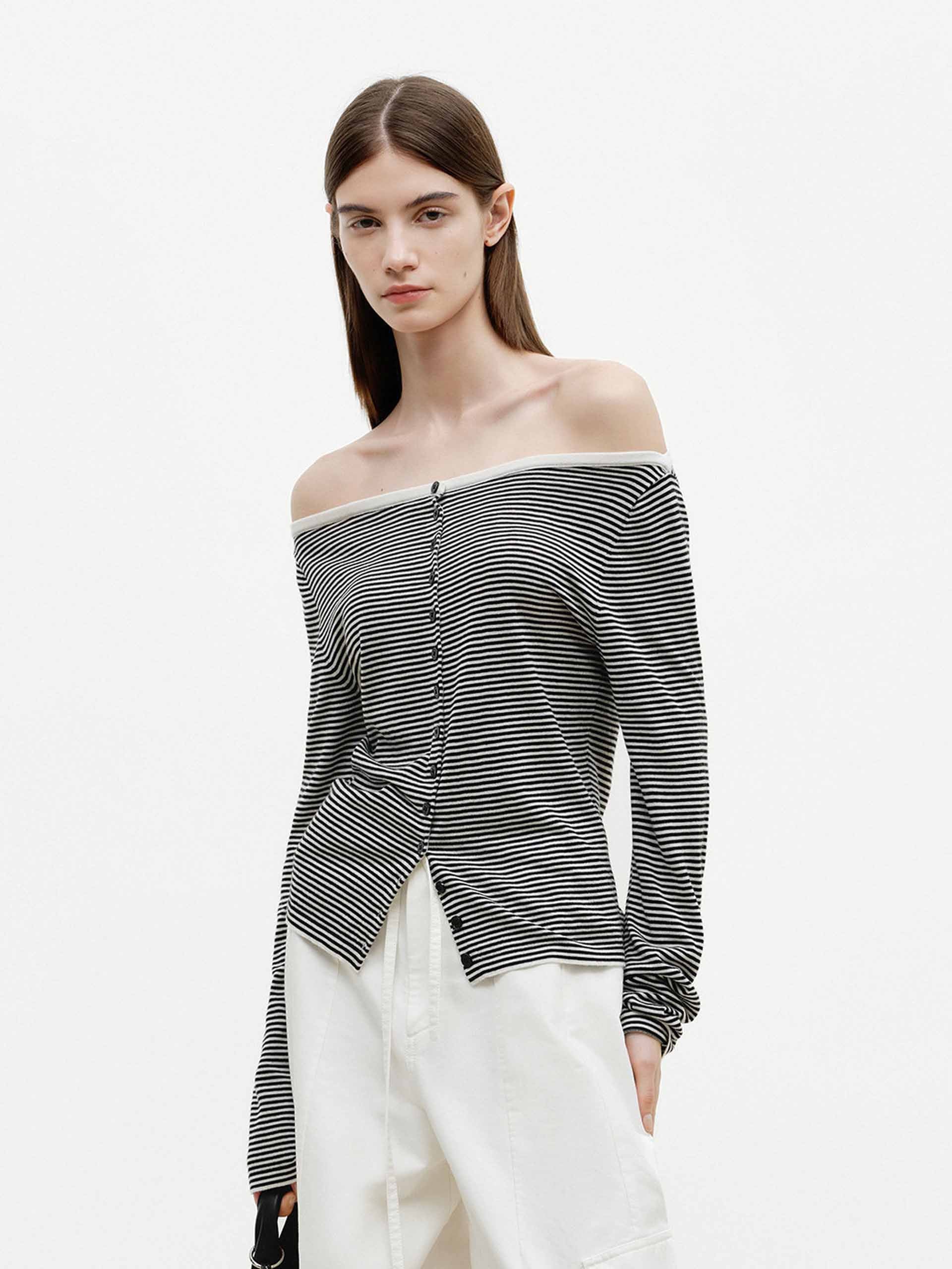 Off Shoulder Button Knit Top - Image 14