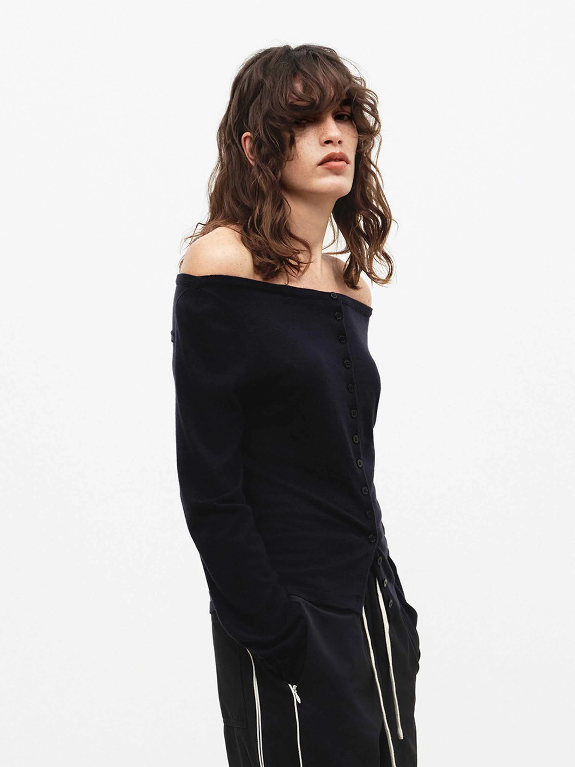 Off Shoulder Button Knit Top - Image 6