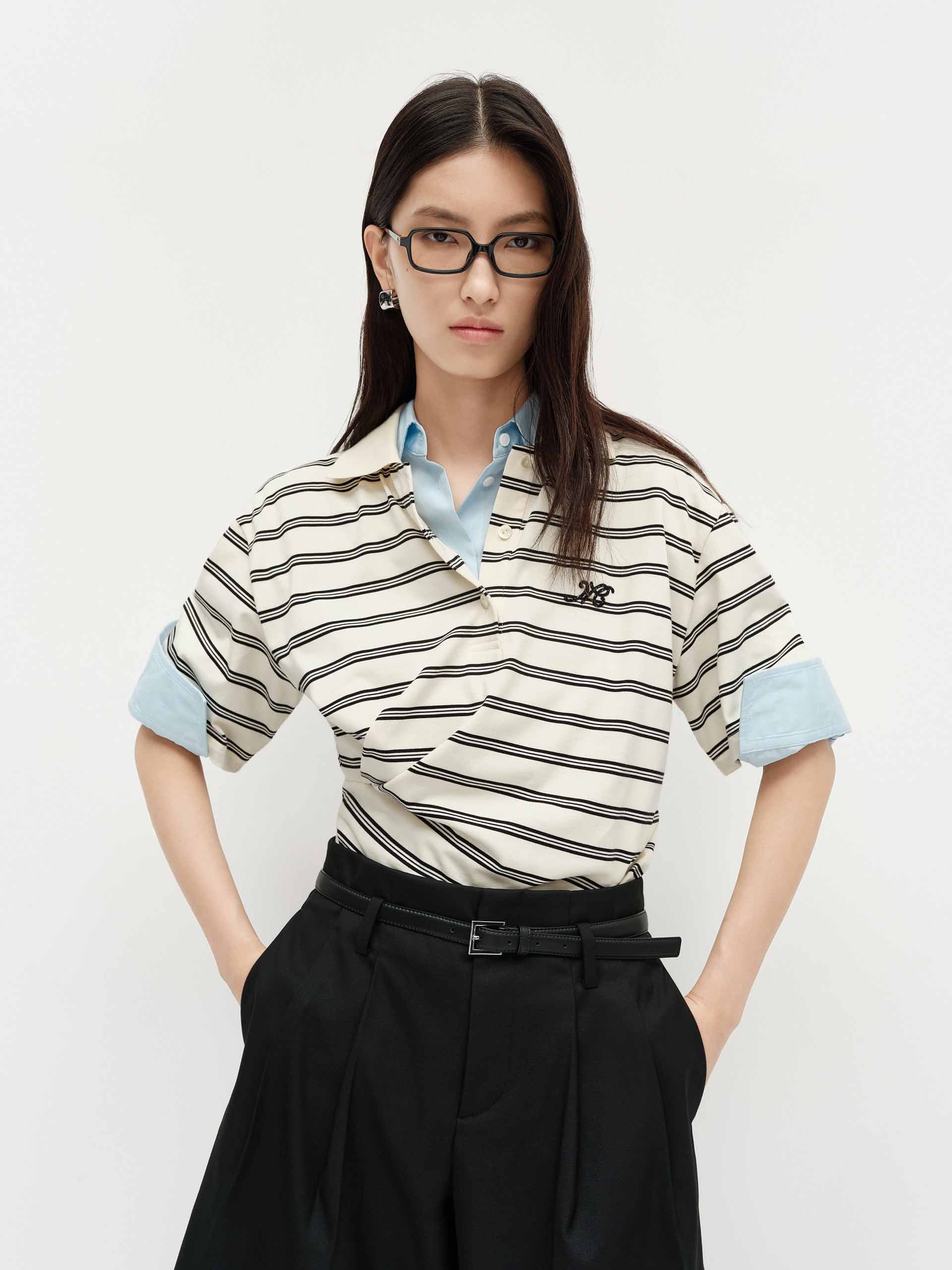 Polo Collar Striped Top