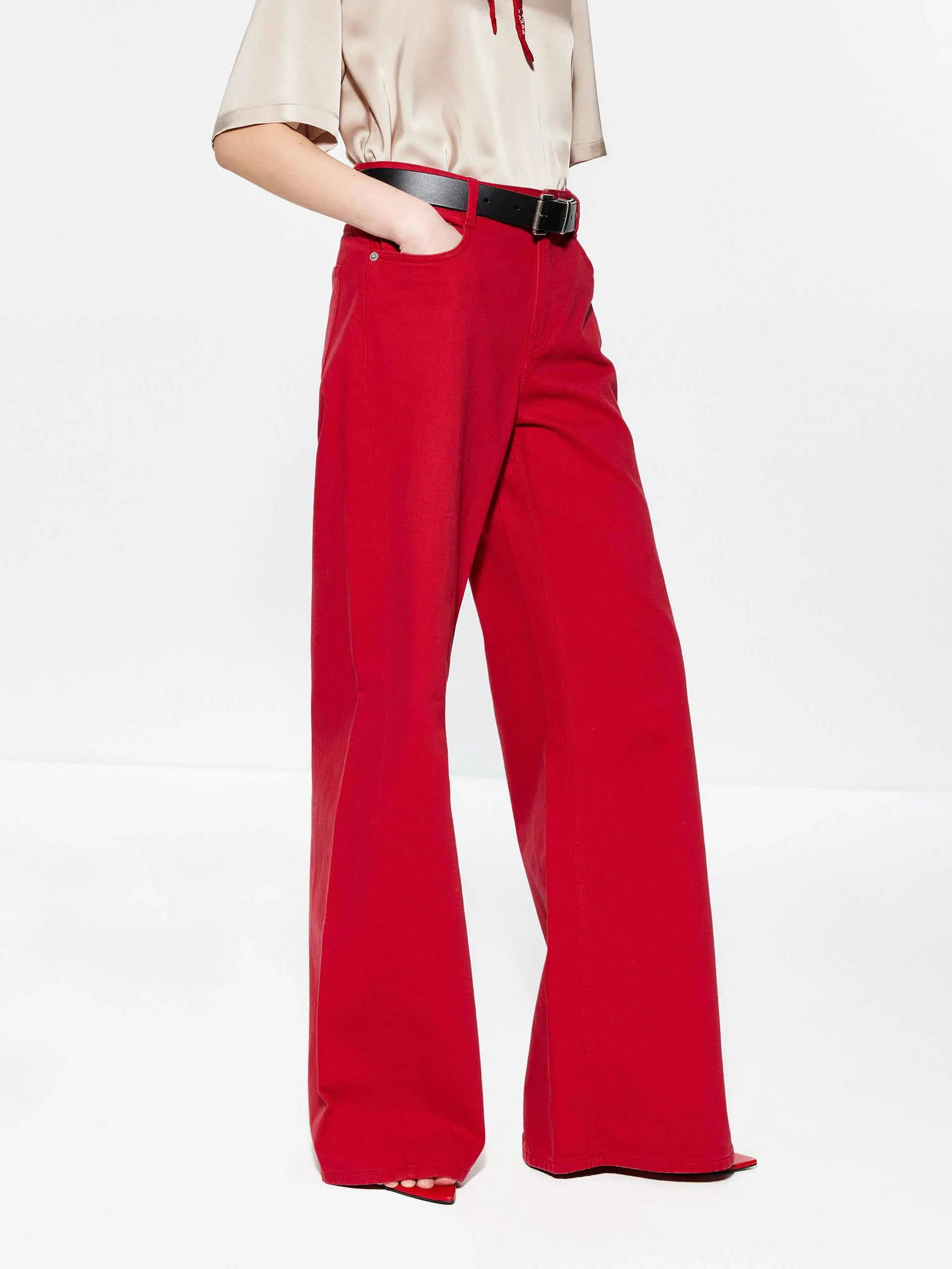 Red Wide Leg Cotton Jeans