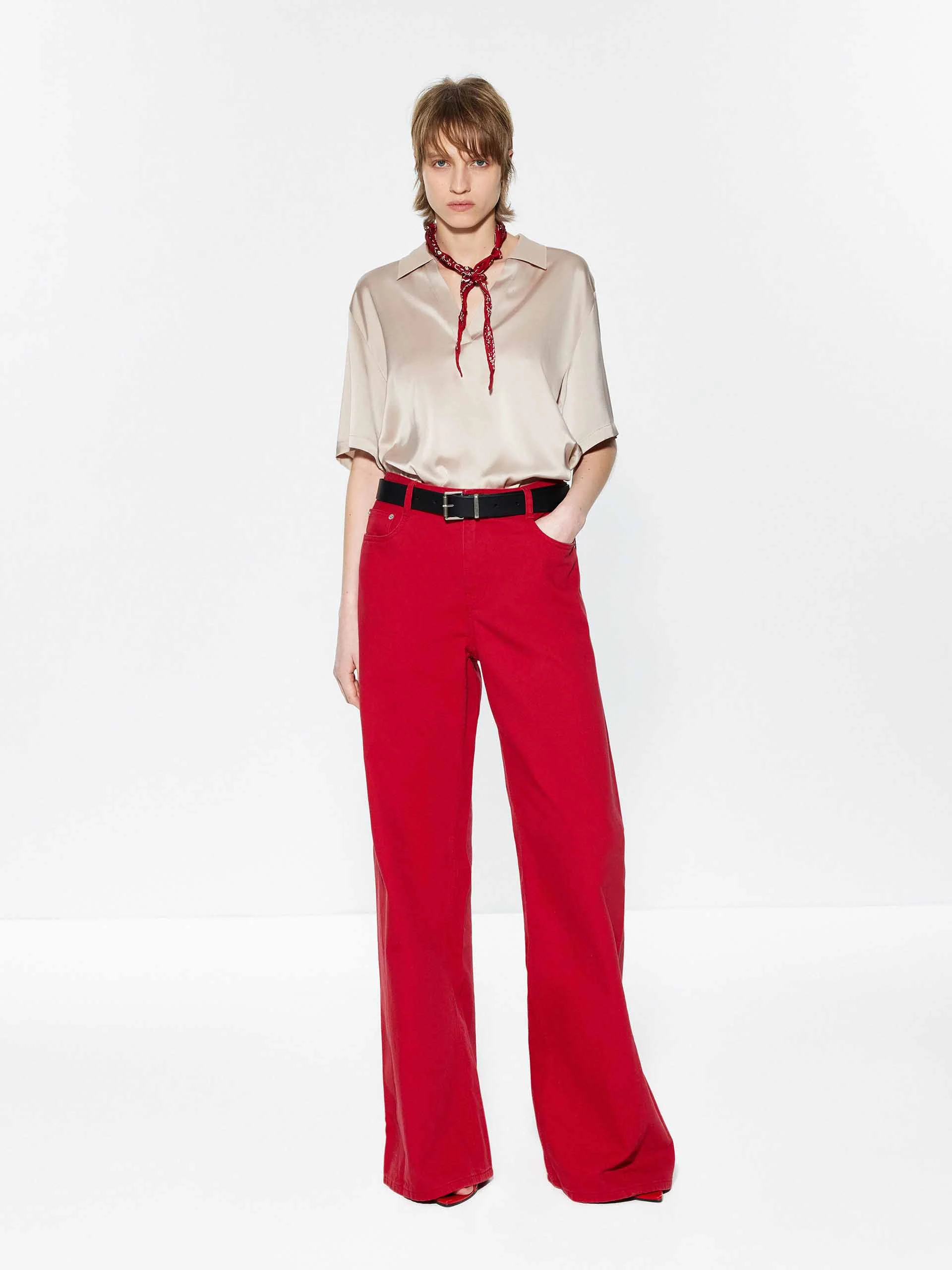 Red Wide Leg Cotton Jeans - Image 2