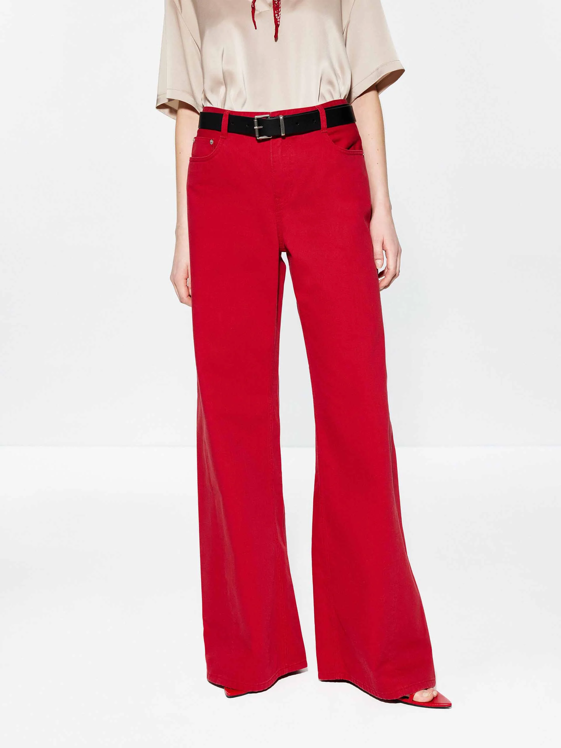 Red Wide Leg Cotton Jeans - Image 4