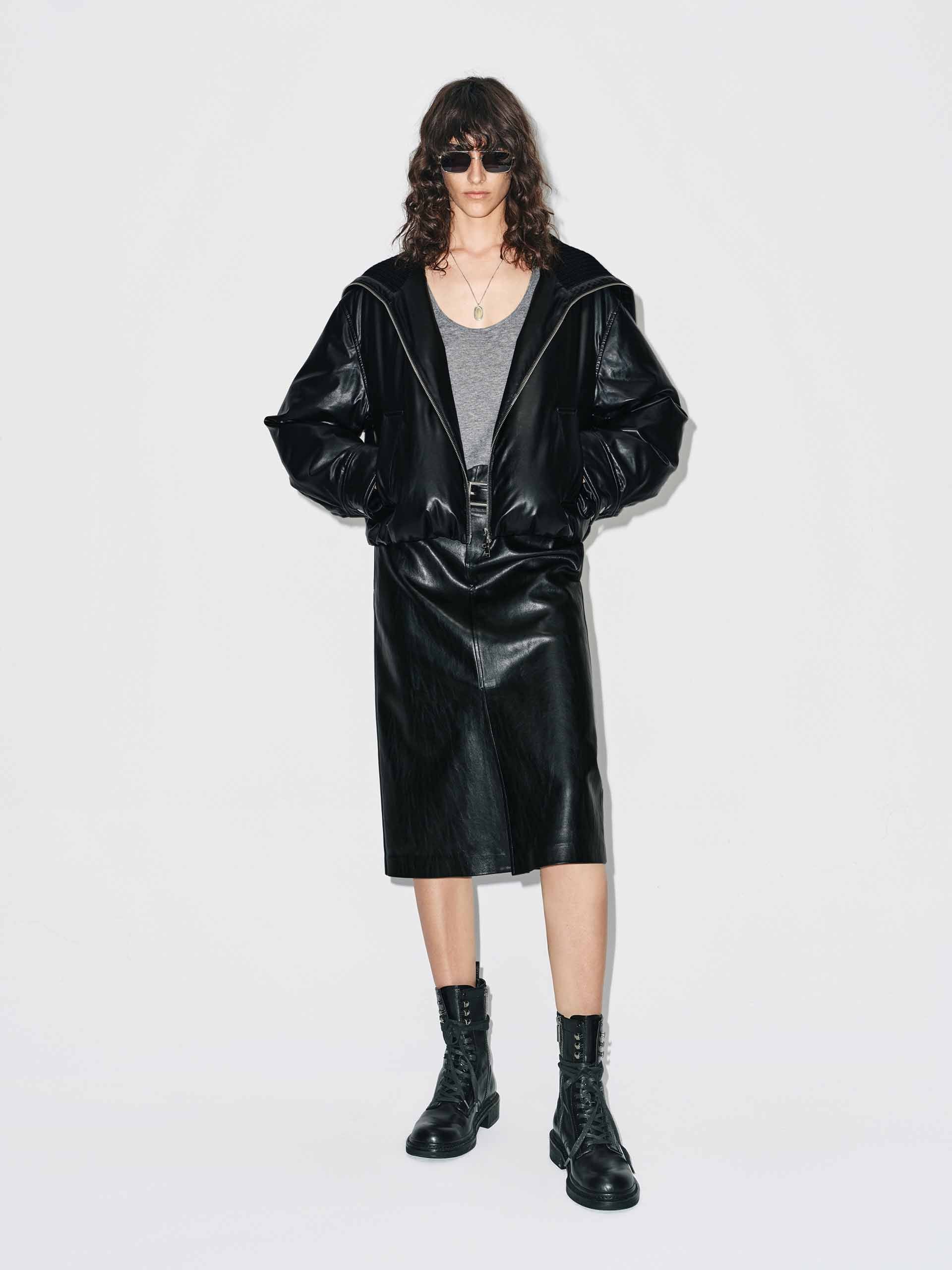 Ribbed Neckline Leather Down Jacket - Image 2