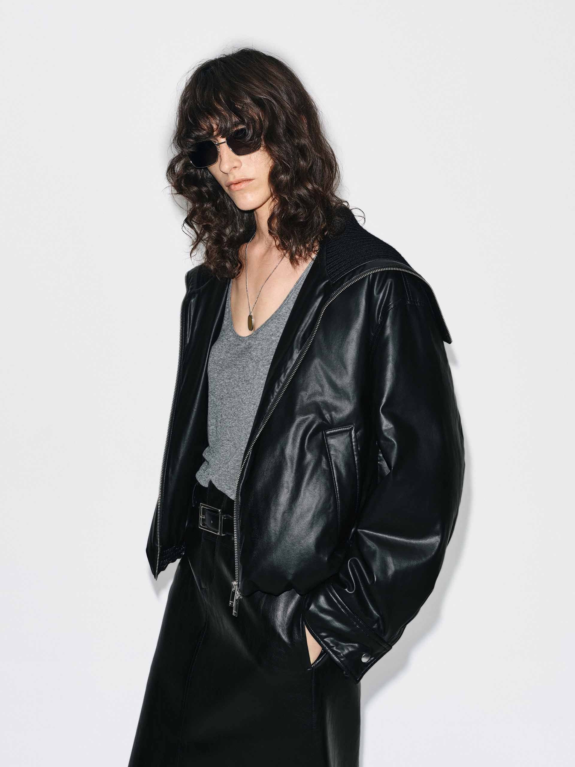 Ribbed Neckline Leather Down Jacket - Image 3