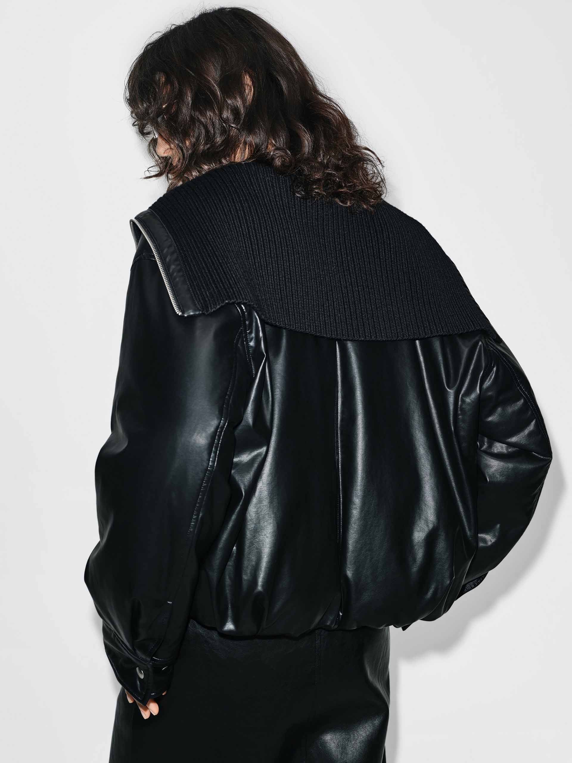Ribbed Neckline Leather Down Jacket - Image 6