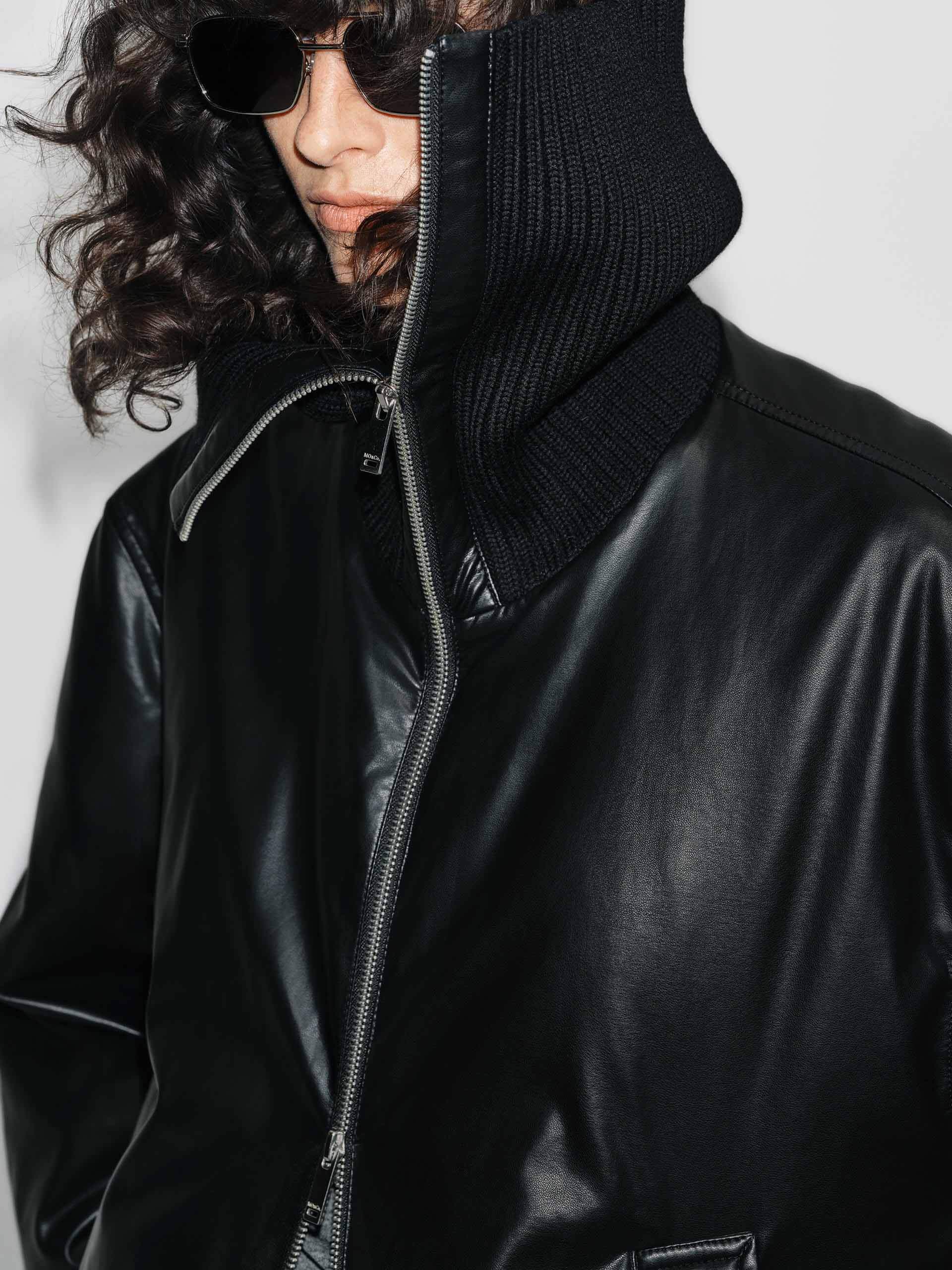 Ribbed Neckline Leather Down Jacket - Image 7