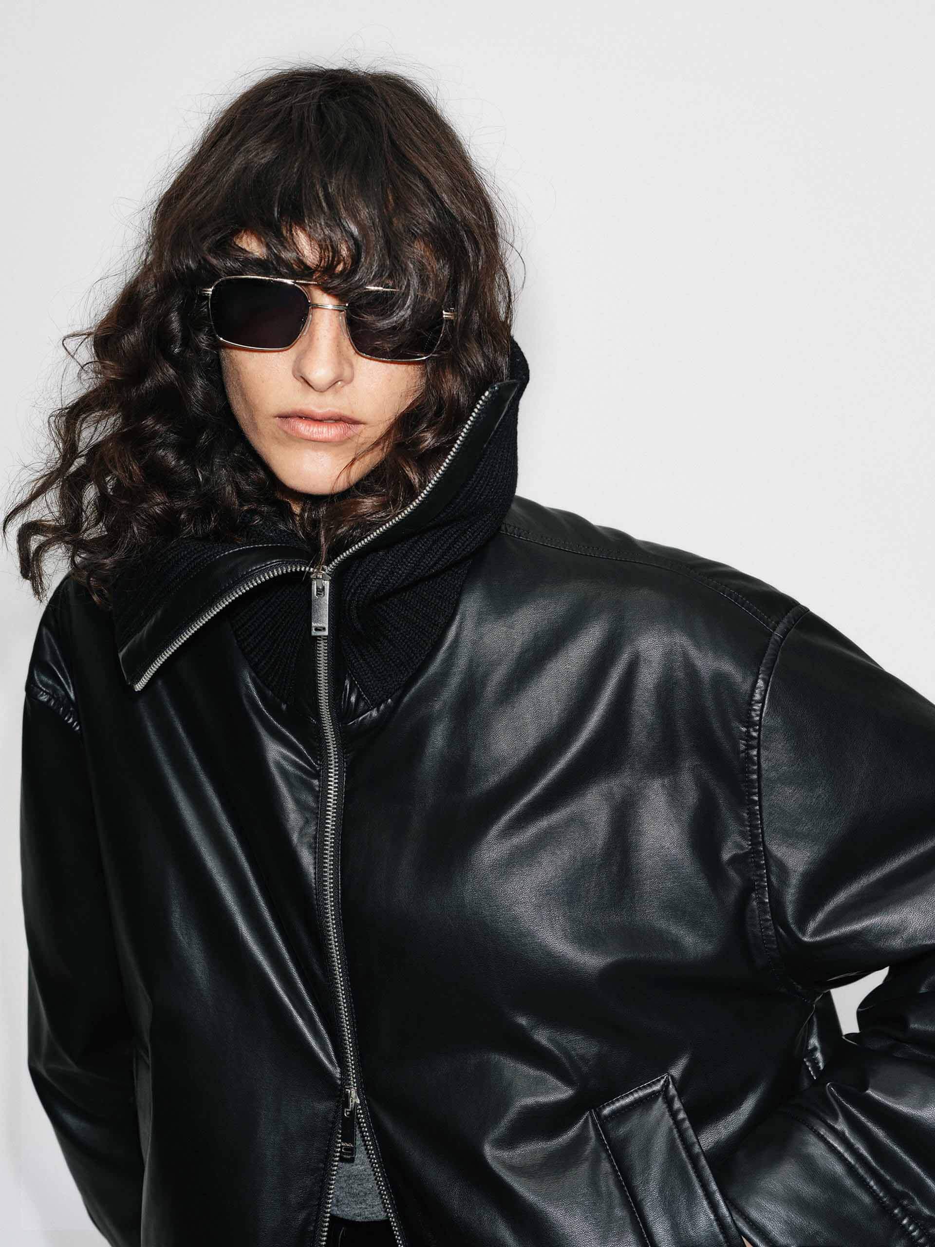 Ribbed Neckline Leather Down Jacket - Image 8