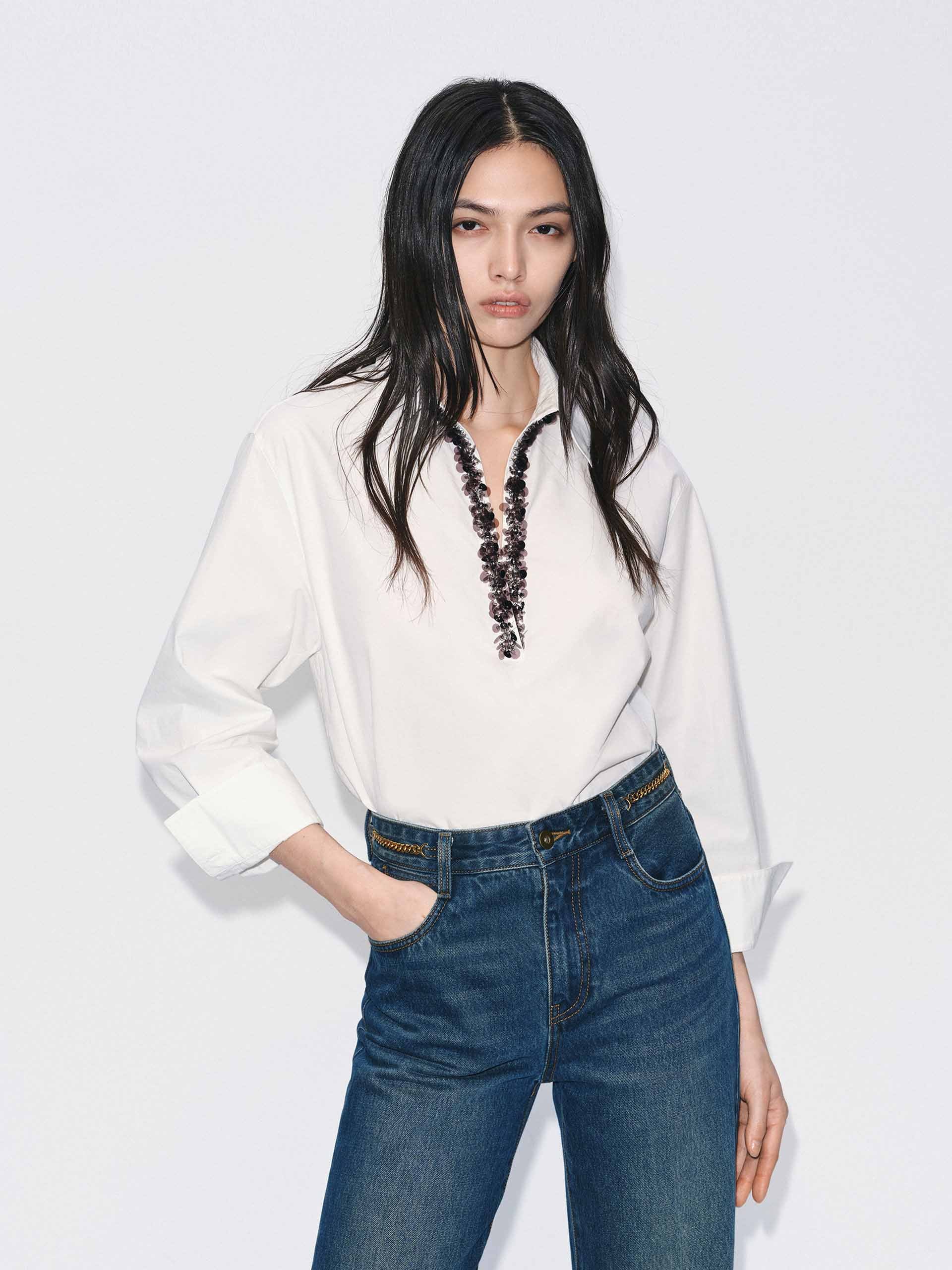 Sequins Neckline Cotton Shirt