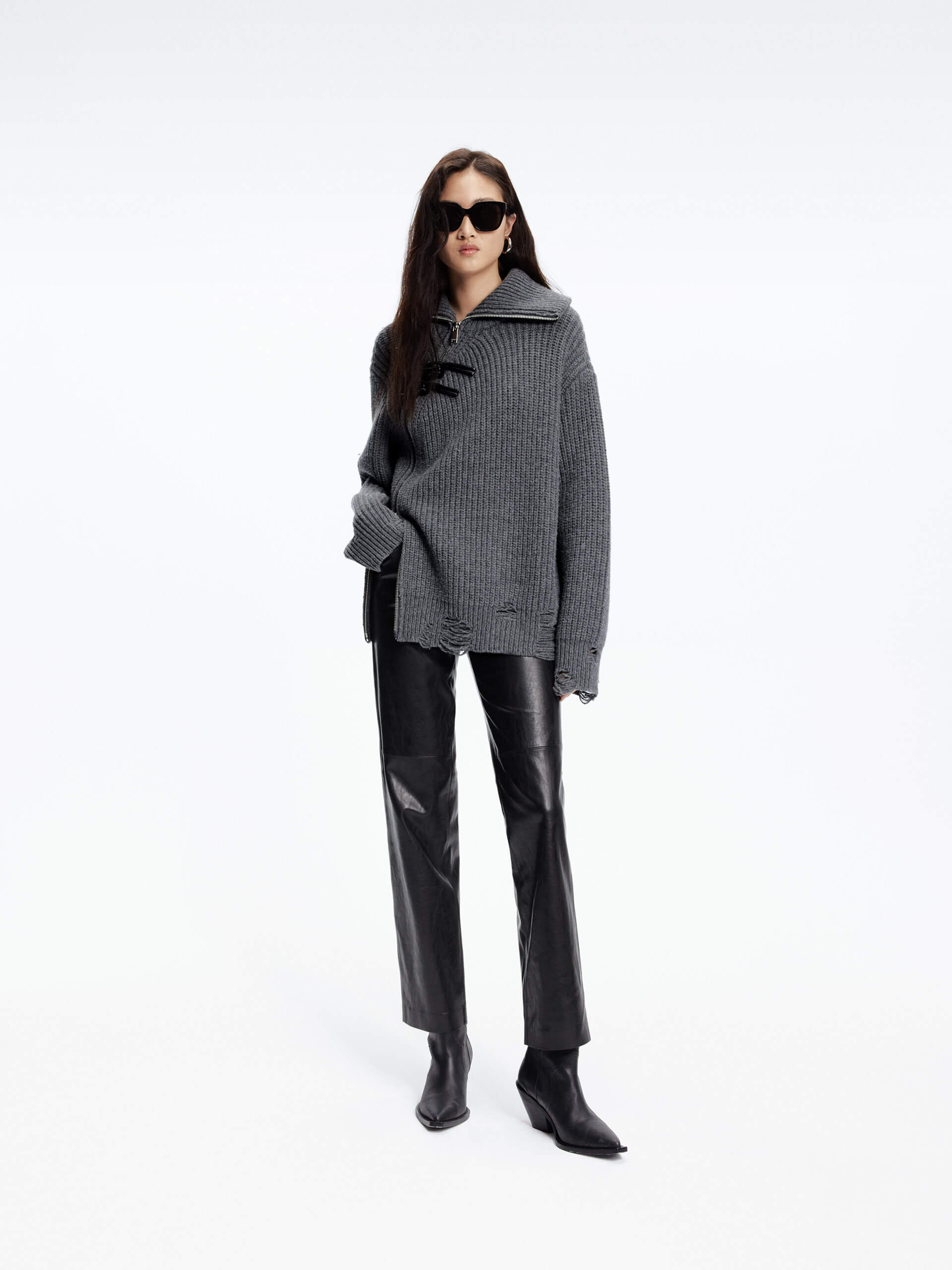 Slanted Placket Distressed Sweater - Image 2