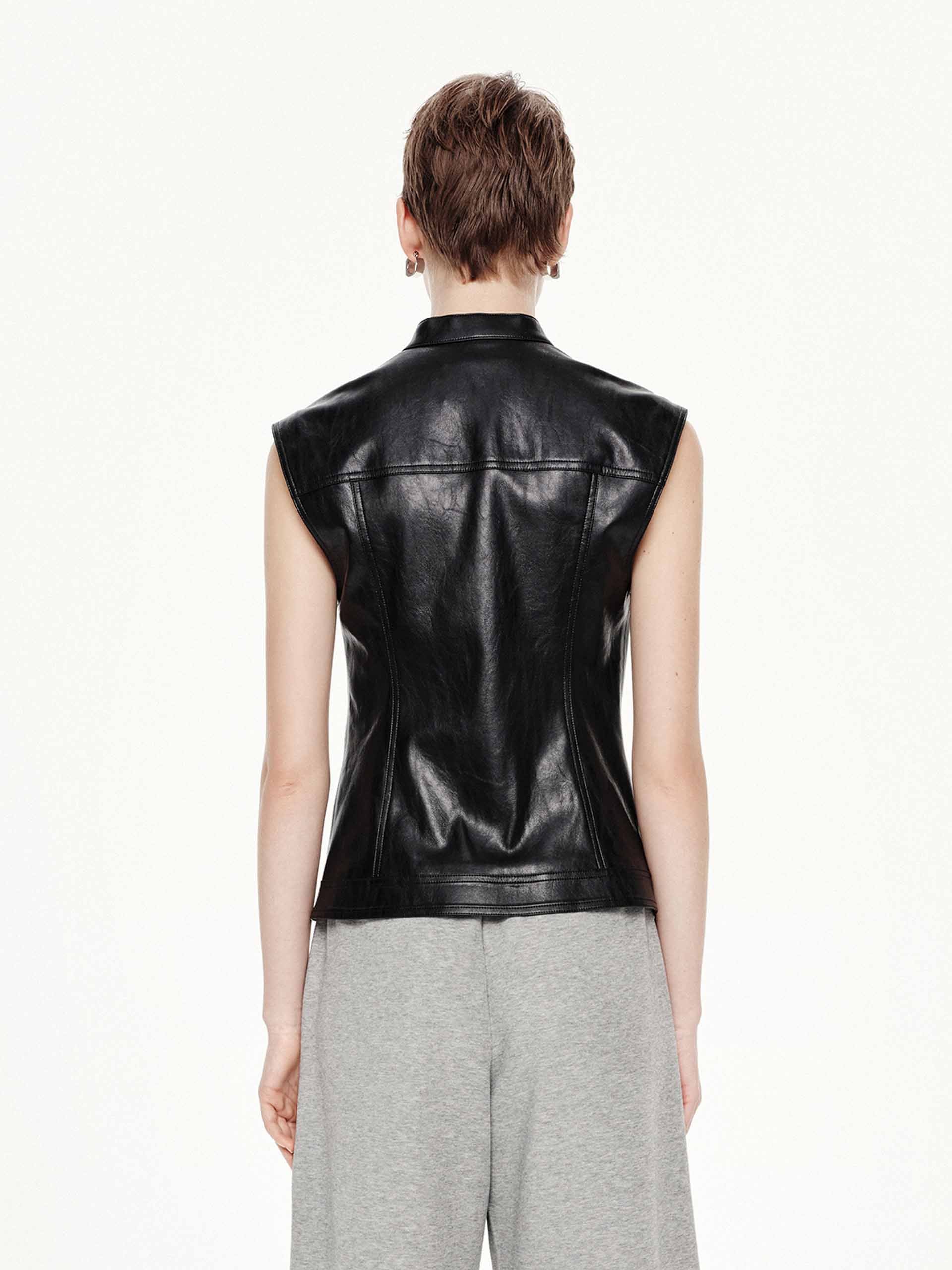 Sleeveless PU Leather Waistcoat - Image 6