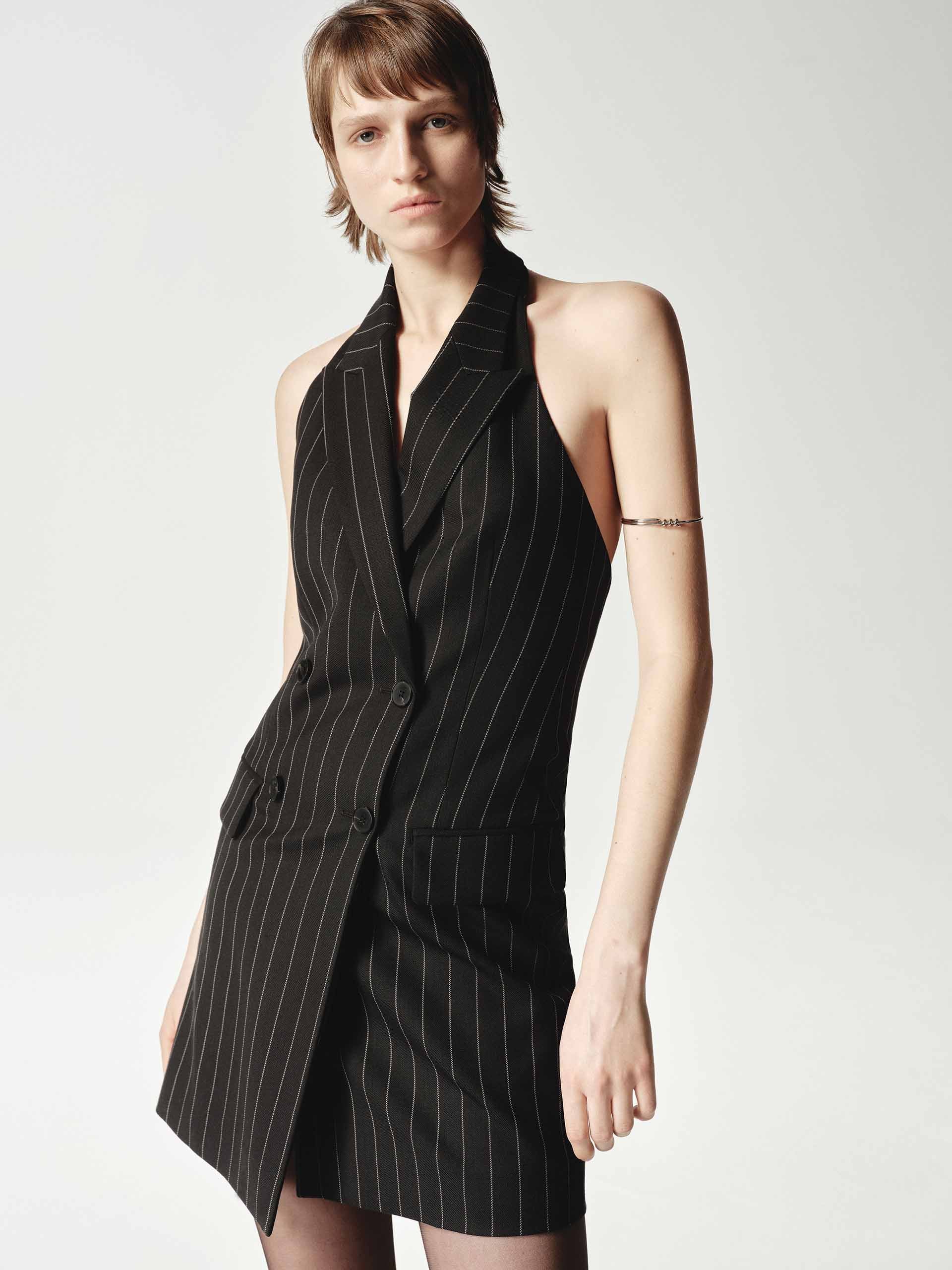 Wool Backless Pinstripe Dress