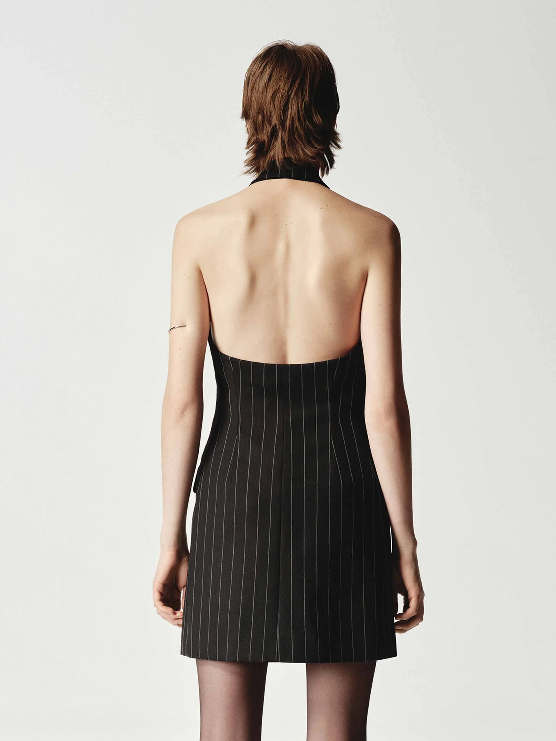 Wool Backless Pinstripe Dress - Image 4